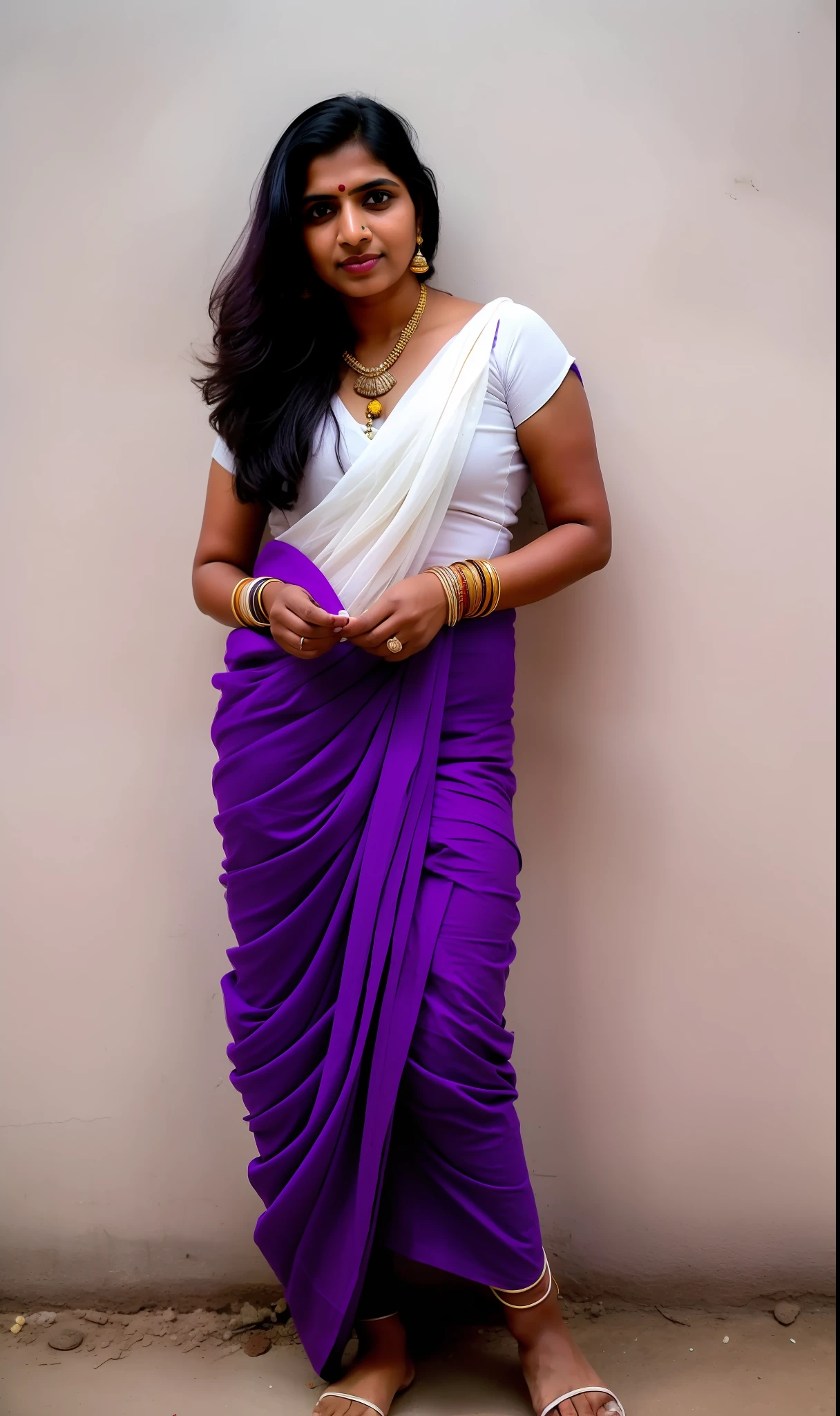 32 years old purple clothes indian woman, color, mobile phone photography photo, face, half, body, high detail skin, skin pores, cement floor, white wall with dirt, calendar hanging on wall, 8k uhd, digital SLR camera, soft light, high quality, film grain, fujifilm XT3