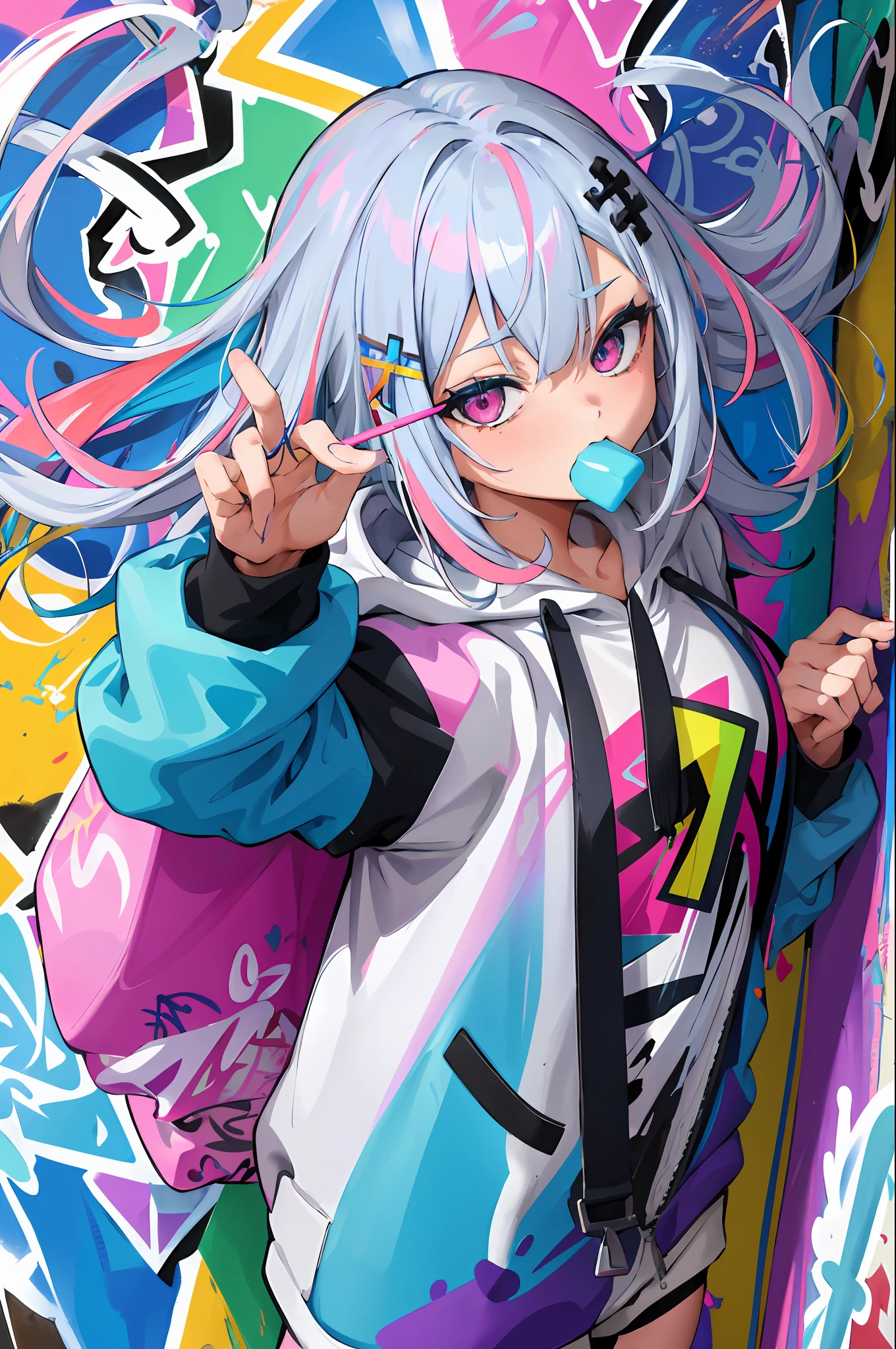 masterpiece, high quality, highres, absurdres, ultra-detailed, 8k, 1girl, platinum grey hair, blue hair, multicolored hair, gradient hair, looking at viewer, colorful eyes, colorful hoodie, (graffiti murals wall background:1.15), brilliant colorful paintings, bloom, portrait, cross hair ornament, chewing gum, (close-up:1.2), from above