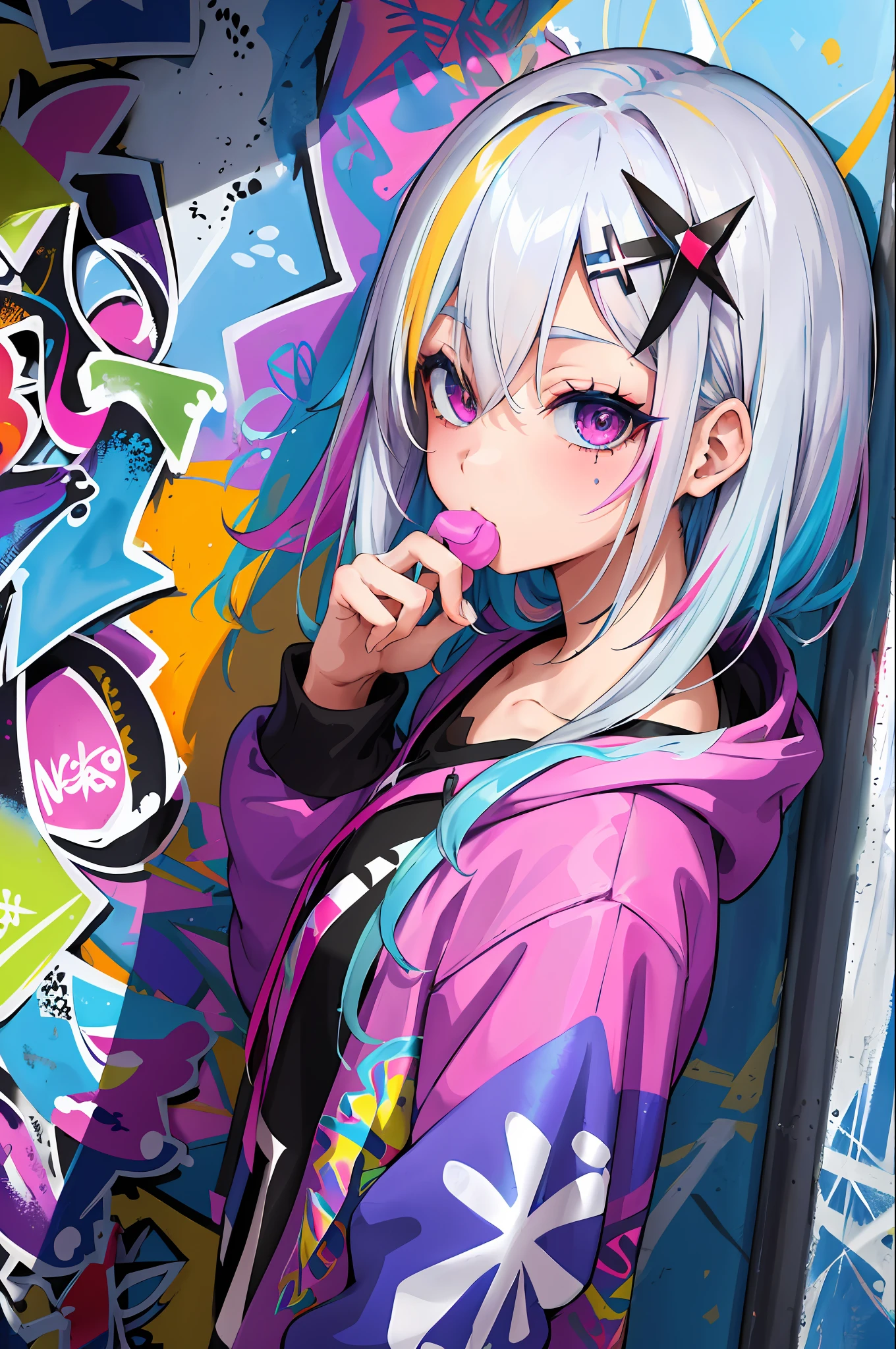 masterpiece, high quality, highres, absurdres, ultra-detailed, 8k, 1girl, platinum grey hair, blue hair, multicolored hair, gradient hair, looking at viewer, colorful eyes, colorful hoodie, (graffiti murals wall background:1.15), brilliant colorful paintings, bloom, portrait, cross hair ornament, chewing gum, (close-up:1.2), from above