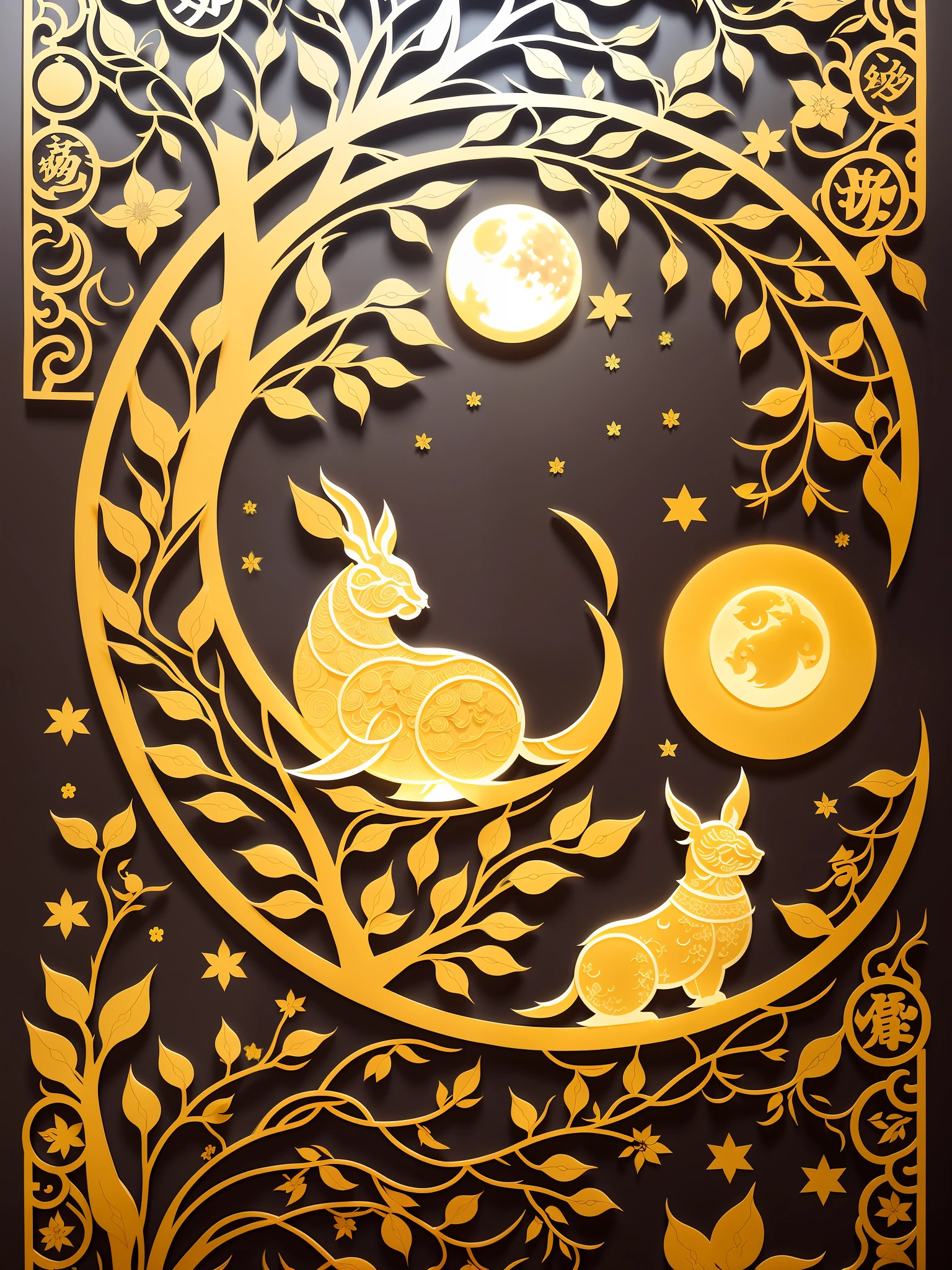 Mid-Autumn Festival poster, paper-cutting works, full moon, Chang'e, jade rabbit, laurel tree, themed paper-cutting works, openwork design, light and shadow, 3D--v6