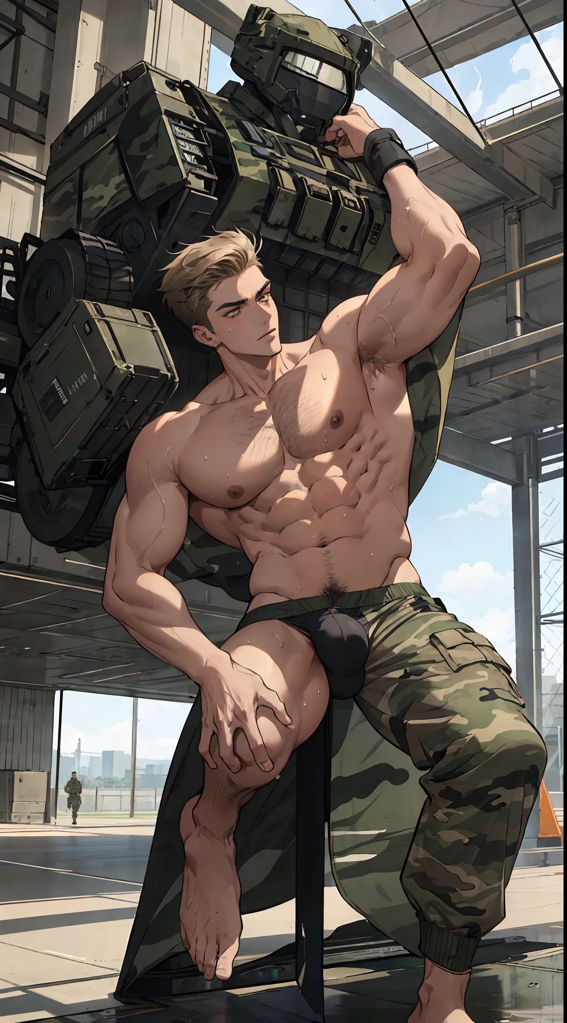 Shirtless (handsome), sporty, military, pretty perfect face, cut short hairstyle, (furry body), camouflage briefs, briefs, barefoot, foot focus, beautiful feet, industrial background, (sweaty), tired, (masterpiece), best quality, highest detail, superior quality, natural lighting, beautiful, sexy, correct anatomy, good composition, masculine shape, masculine, rough, raised, huge bulge