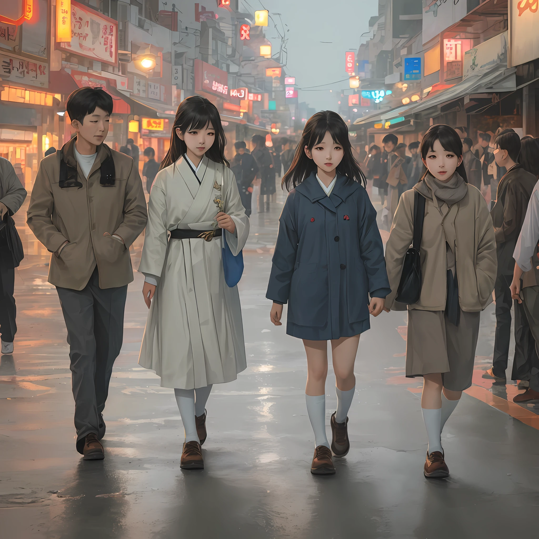 Korea girl walking on the street, cinematic style soft lighting glow effect