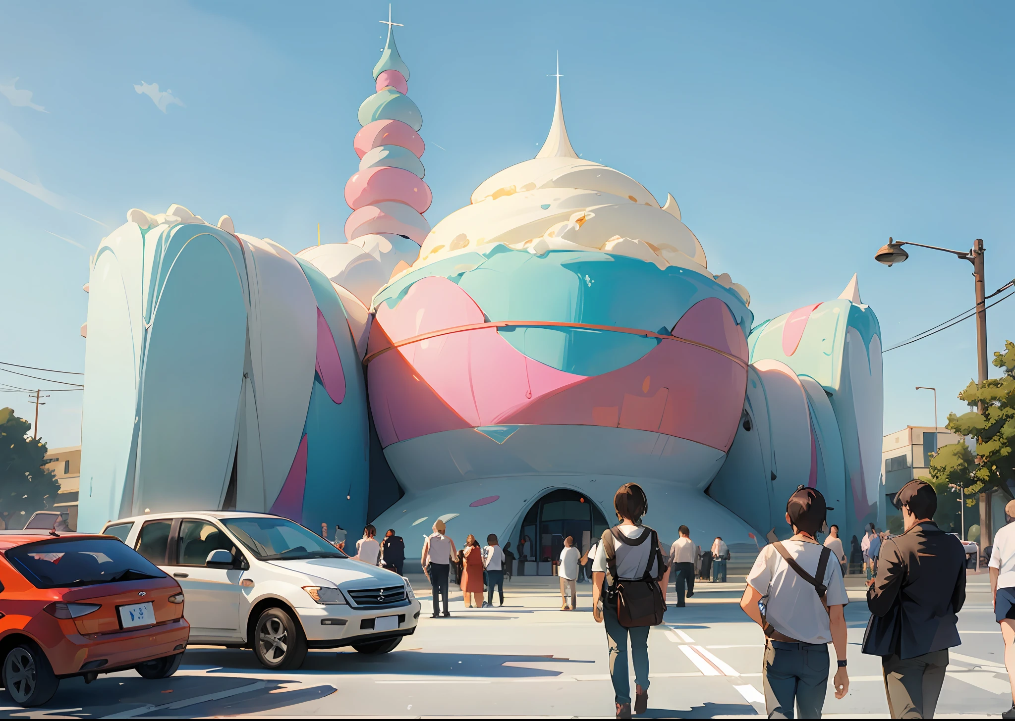 A huge ice cream shaped building, fantastic colors, --v 6