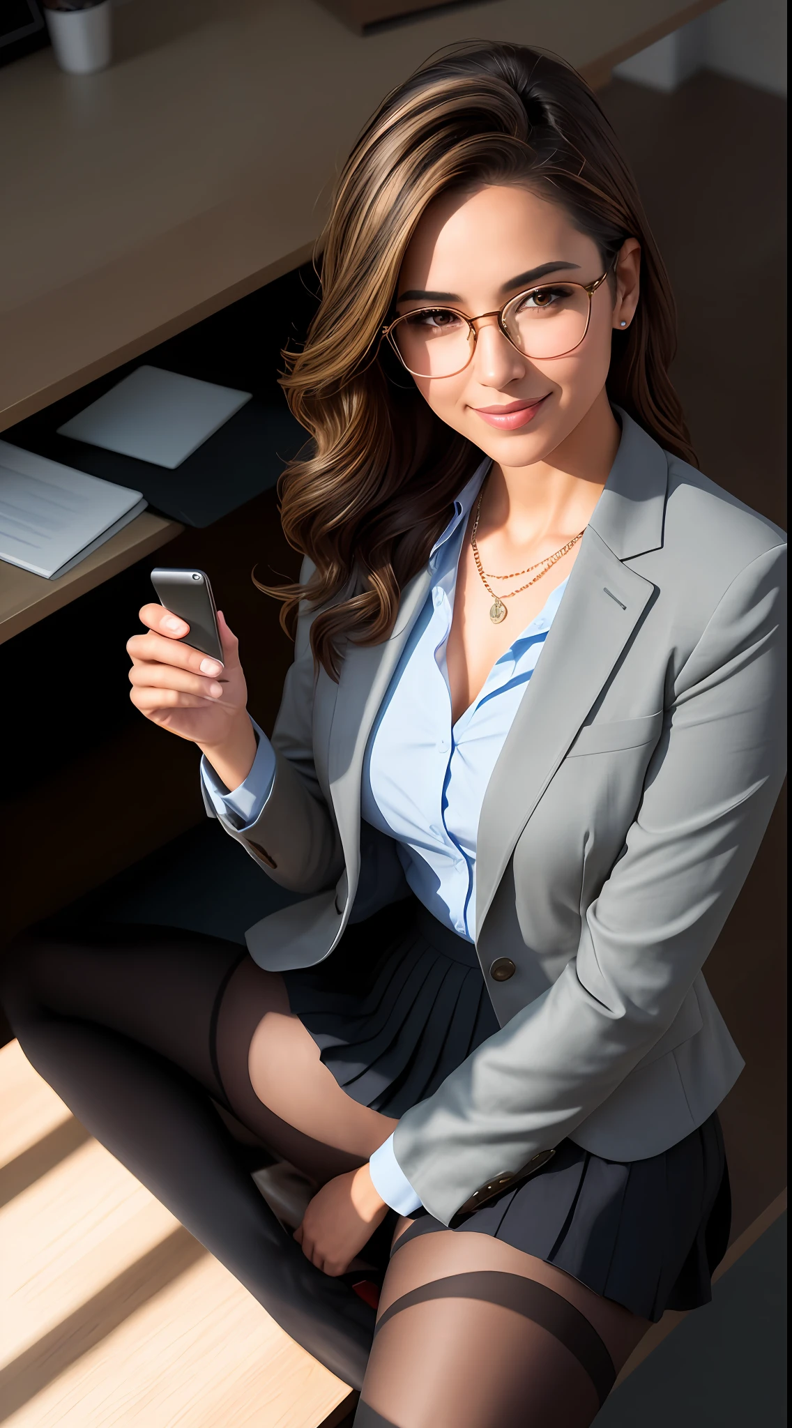 beautiful Mexican college girl, brunette with highlights,smile, full body,pantyhose,in trendy outifit, inside office, ((slim, petite)), photorealistic, photo, masterpiece, realistic, realism, photorealism, high contrast, photorealistic digital art trending on Artstation 8k HD high definition detailed realistic, detailed, skin texture, hyper detailed, realistic skin texture, armature, best quality, ultra high res, (photorealistic:1.4),, high resolution, detailed, raw photo, sharp re, by lee jeffries nikon d850 film stock photograph 4 kodak portra 400 camera f1.6 lens rich colors hyper realistic lifelike texture dramatic lighting unrealengine trending on artstation cinestill 800,A stunning woman with messy hair,business dress, suit jacket,hair tied back,grey pleated skirt, camera above, evil, intimate, soft light, soft glow on her face and body, computer, focused, skin and hair, soothing, high-detail skin, hdr, partially exposed,white stockings,hand running through hair,side smile,high_heels,glasses,ray tracing, manly pose, holding a glowing necklace,looking into a mirror, sitting on desk,