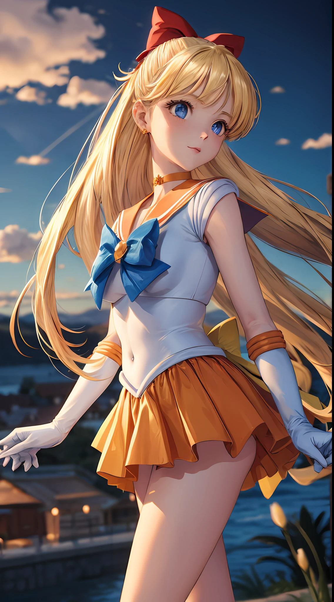 Masterpiece, Best Quality, High Resolution, Venus1, 1Girl, Solo, Sailor Warrior Uniform, Sailor Venus, Minako Aino, Blonde, Magical Girl, Blue Eyes, Orange Skirt, Elbow Gloves, Headgear, Pleated Skirt, Bow, Orange Sailor Collar, Mini Skirt, Choker, Red Bow, Orange Choker, White Glove, Extra Long Hair, Jewelry, Earrings, Outdoor, Walking, Front