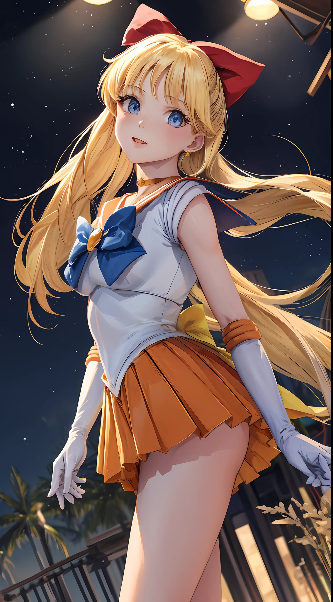 Masterpiece, Best Quality, High Resolution, Venus1, 1Girl, Solo, Sailor Warrior Uniform, Sailor Venus, Minako Aino, Blonde, Magical Girl, Blue Eyes, Orange Skirt, Elbow Gloves, Headgear, Pleated Skirt, Bow, Orange Sailor Collar, Mini Skirt, Choker, Red Bow, Orange Choker, White Glove, Extra Long Hair, Jewelry, Earrings, Outdoor, Walking, Front