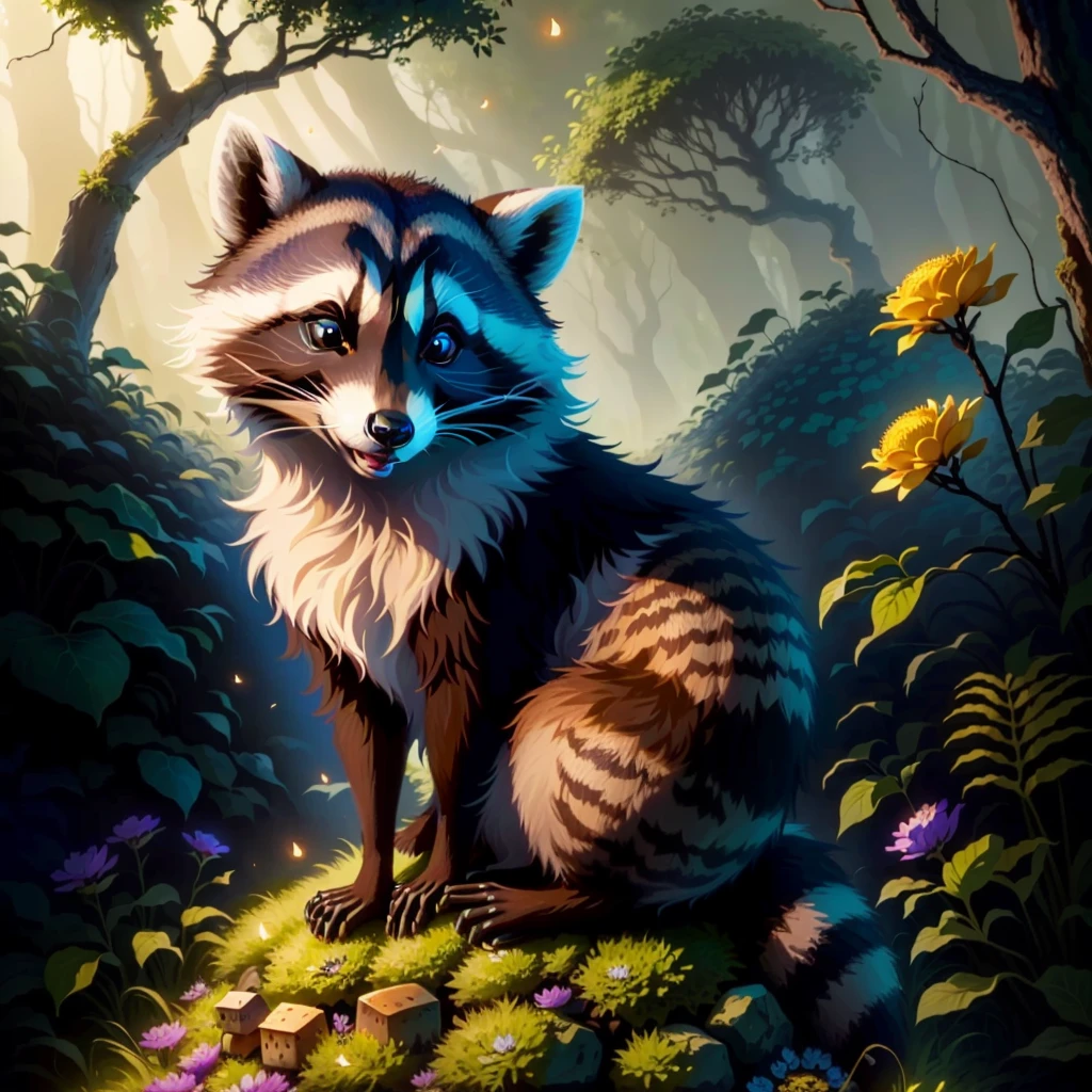 Raccoon sitting on a rock as an anthill, in the forest, tendrils, apples lying around, fireflies, idyllic, flowers, ants everywhere masterpiece, beautiful, 4k, realistic cartoon, mega realistic, scaled, centered