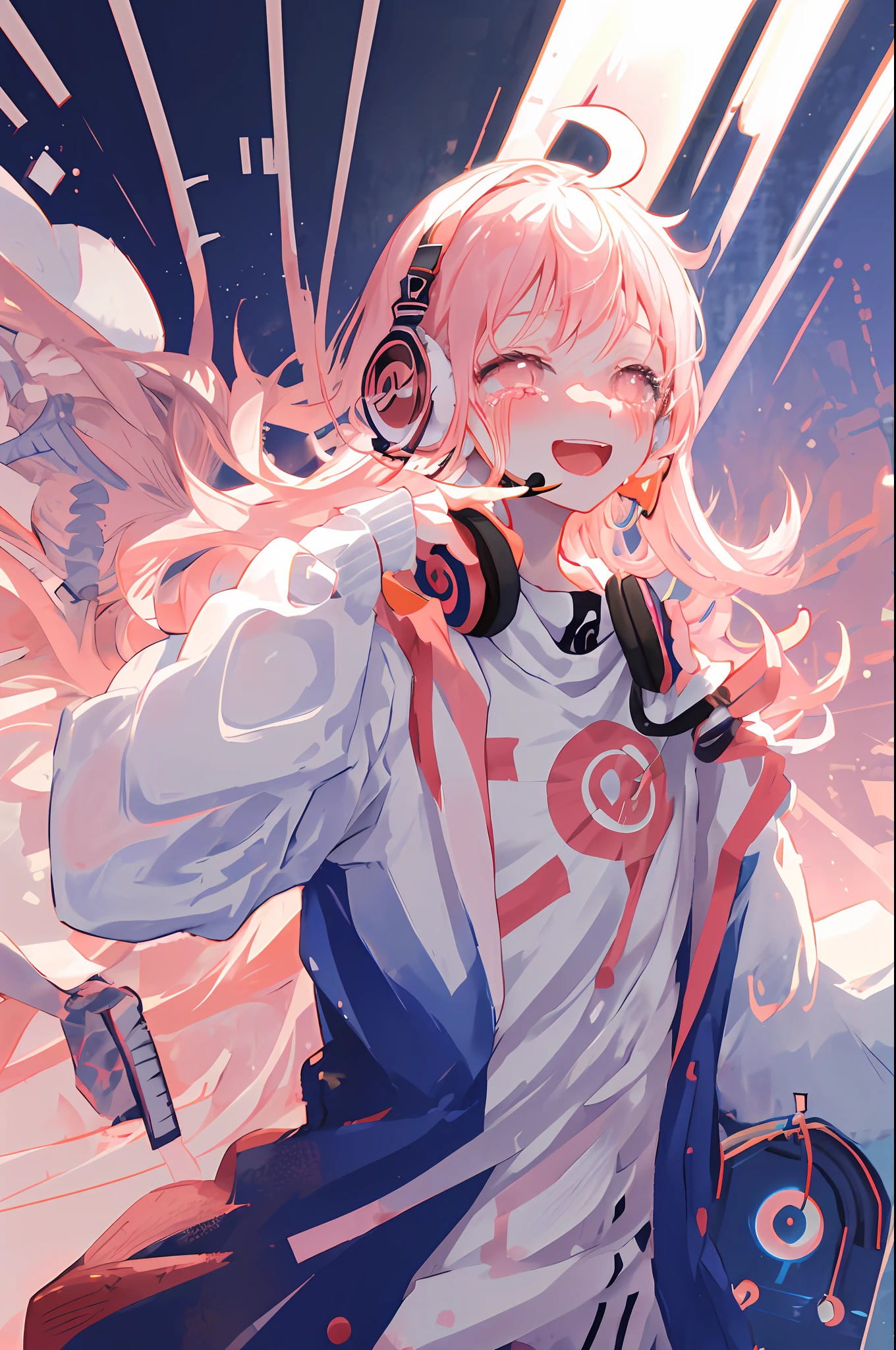 utaonepiece, 1girl, crying, solo, white background, long hair, blush, smile, simple background, open mouth, looking at viewer, upper body, headphones, jacket, index finger raised, long sleeves, headset, white shirt