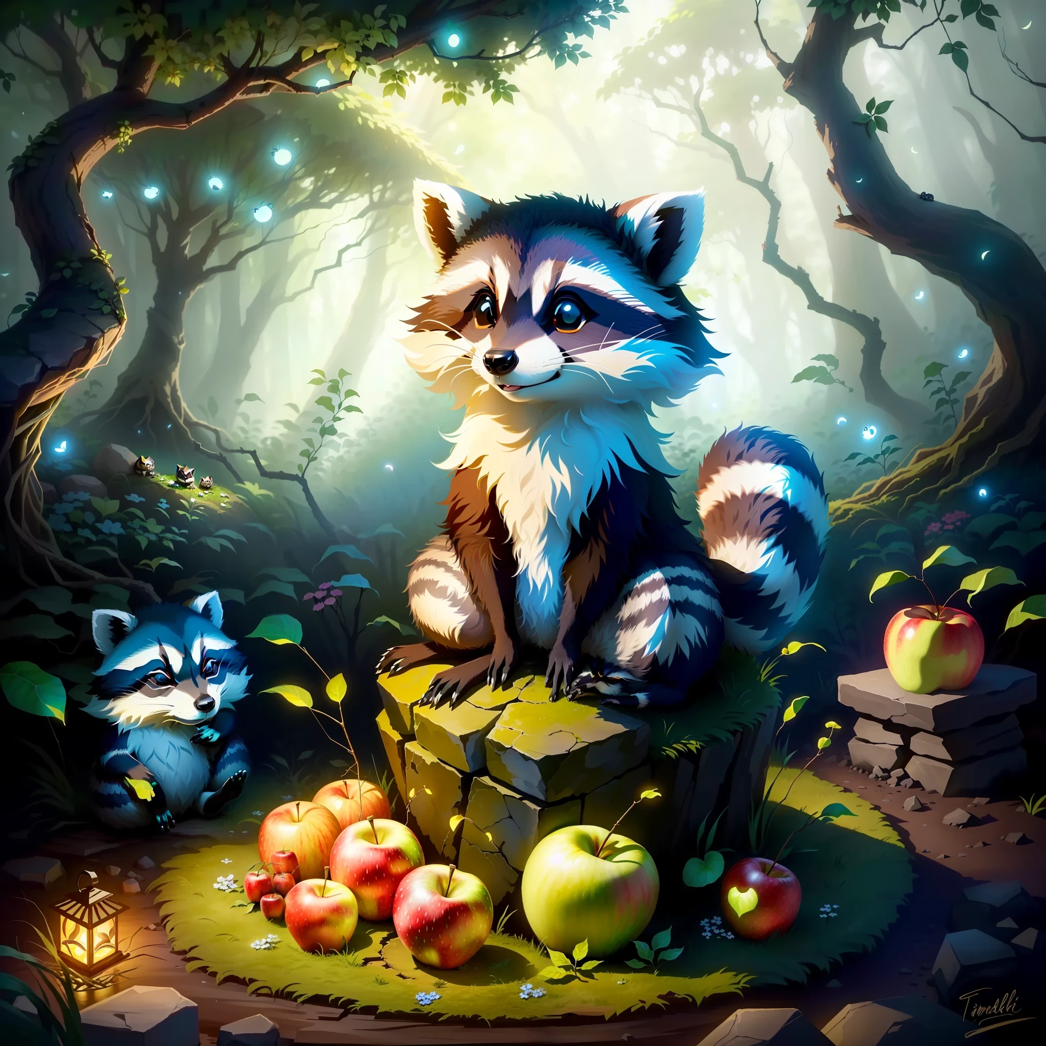 Raccoon sitting on a rock as an anthill, in the forest, tendrils, apples lying around, fireflies, idyllic, flowers, ants everywhere masterpiece, beautiful, 4k, realistic cartoon, mega realistic, scaled, centered