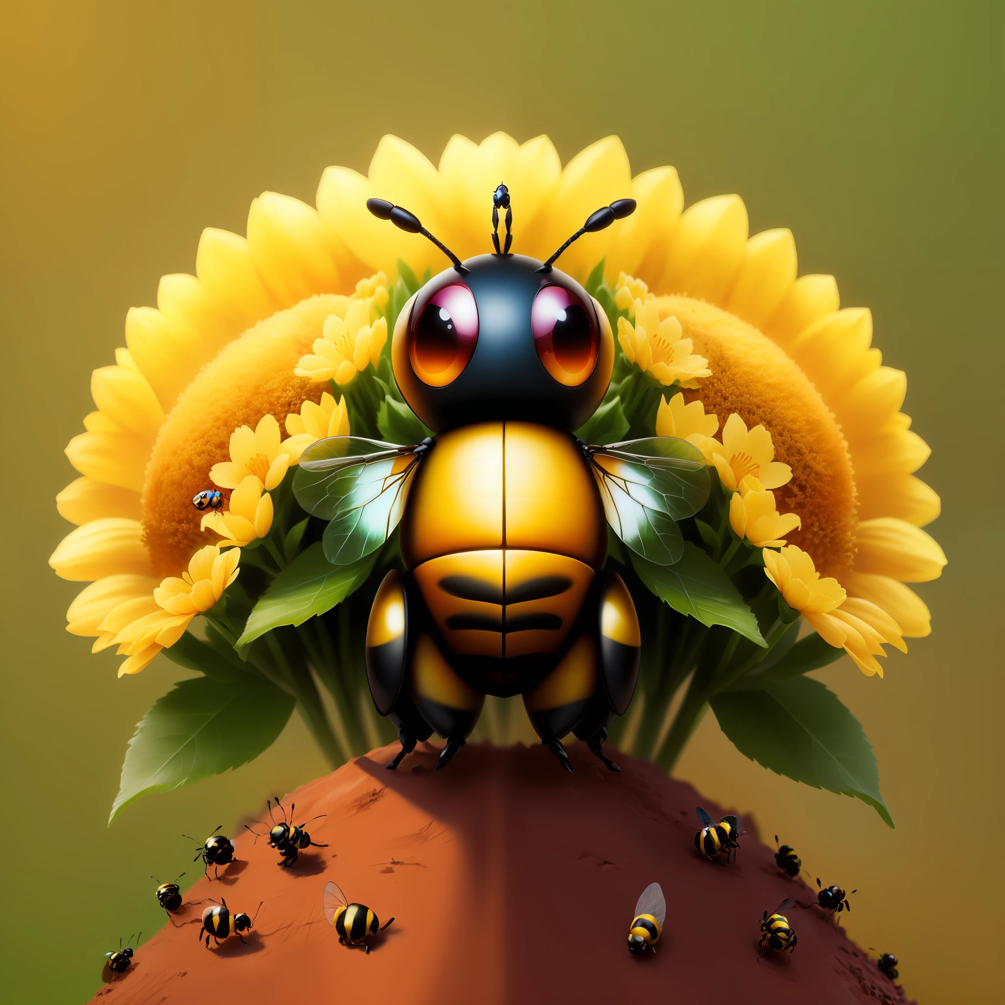 a cute puffy bee formed by various flowers, guarding an anthill with the acher ant and carrier ant around it, hd, real, upscale