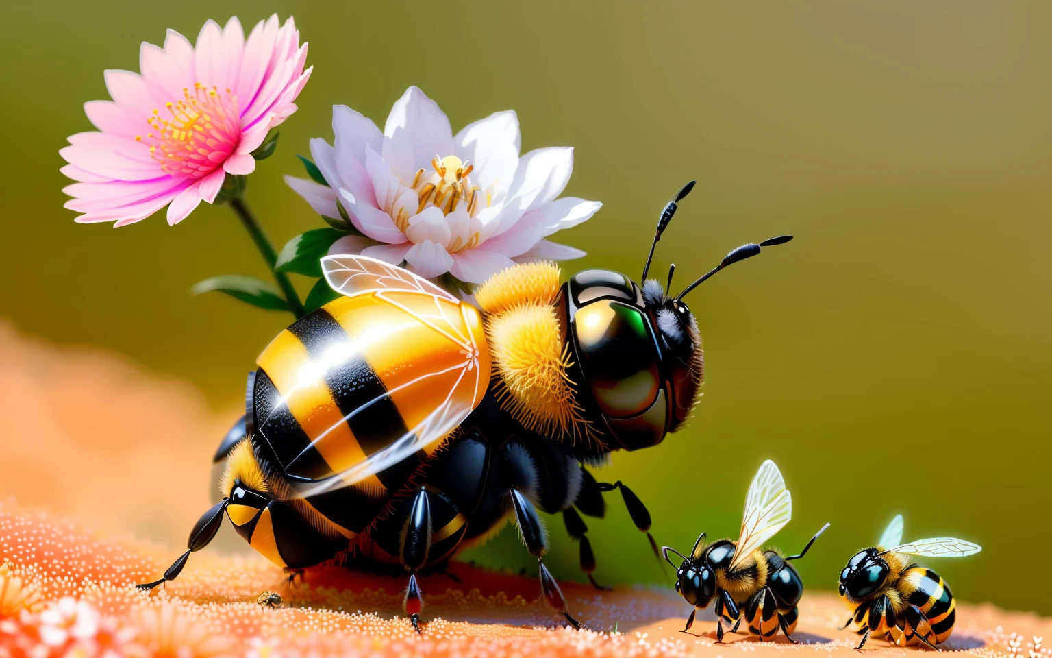 a cute puffy bee formed by various flowers, guarding an anthill with the acher ant and carrier ant around it, hd, real, upscale