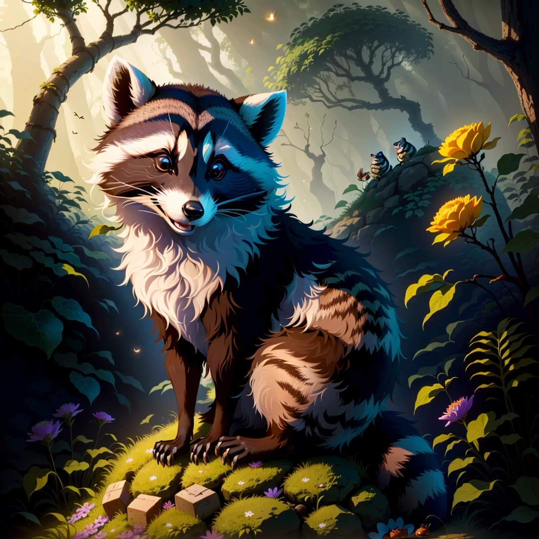 Raccoon sitting on a rock as an anthill, in the forest, tendrils, apples lying around, fireflies, idyllic, flowers, ants everywhere masterpiece, beautiful, 4k, realistic cartoon, mega realistic, scaled, centered