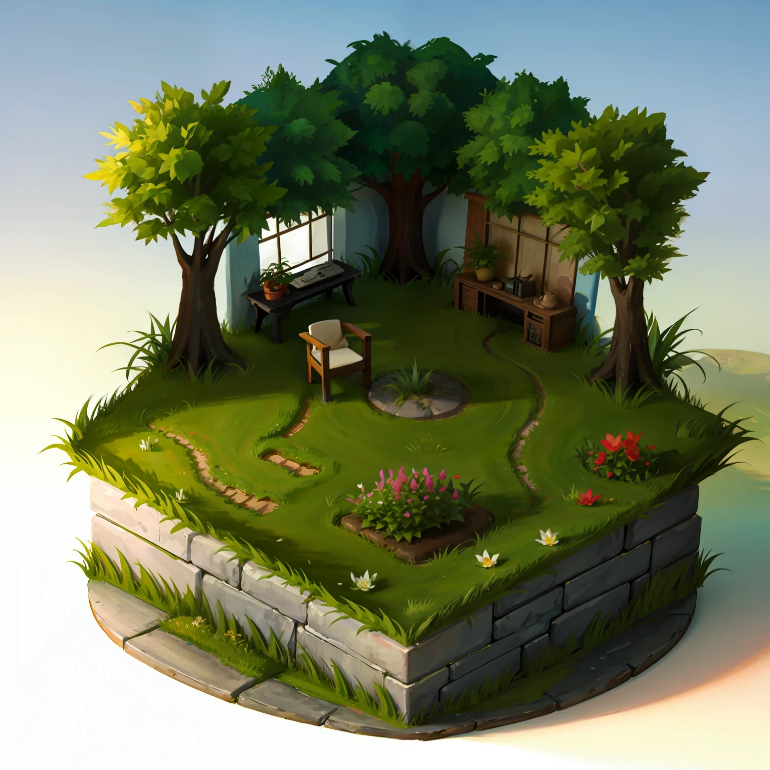 Isometric style, accurate 120 degrees, poly art, stylized 3D rendering, botanical garden, room, 3D stylized scene