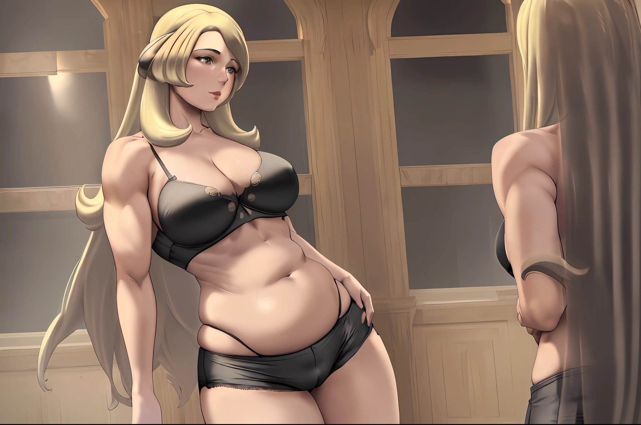 (8k, RAW photo, best quality, masterpiece:1.2), (realistic, photo-realistic:1.37), eve, 1girl, standing, looking at viewer, solo, cleavage, thighs, (white lace bra), tight shorts, (((mature female))), (curvy), (chubby belly:1.3), ((toned thighs)), (muscular thighs), shirona from pokemon, ((shot taken from behind)), ((blonde hair))