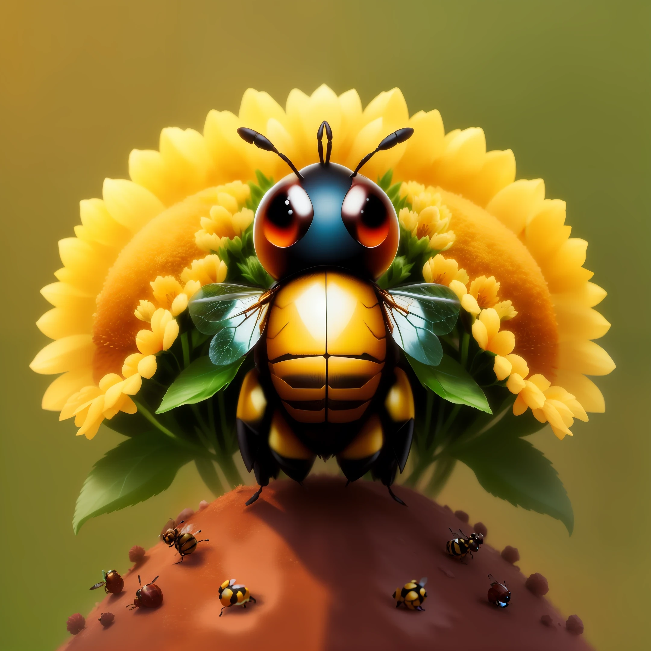 a cute puffy bee formed by various flowers, guarding an anthill with the acher ant and carrier ant around it, hd, real, upscale