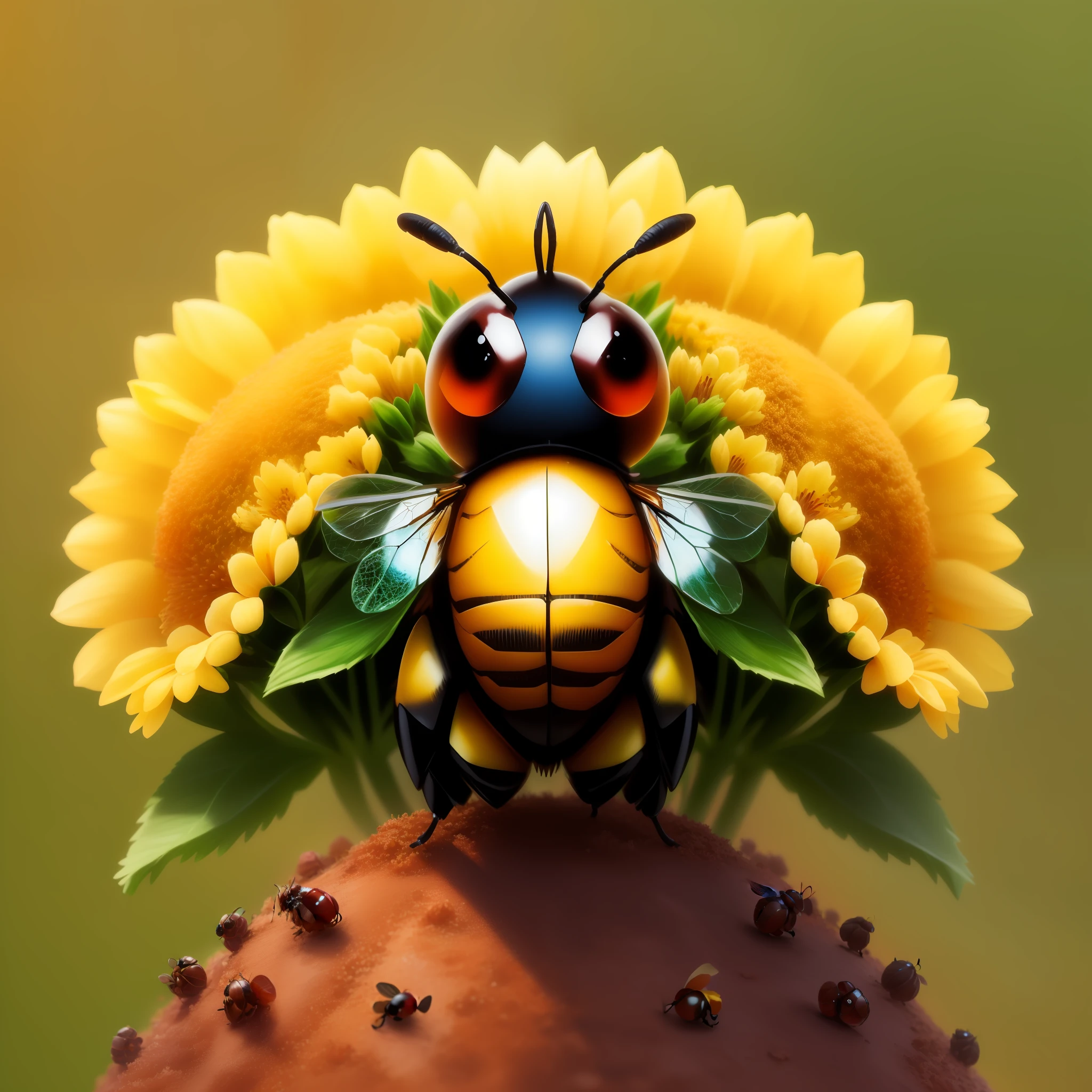 a cute puffy bee formed by various flowers, guarding an anthill with the acher ant and carrier ant around it, hd, real, upscale