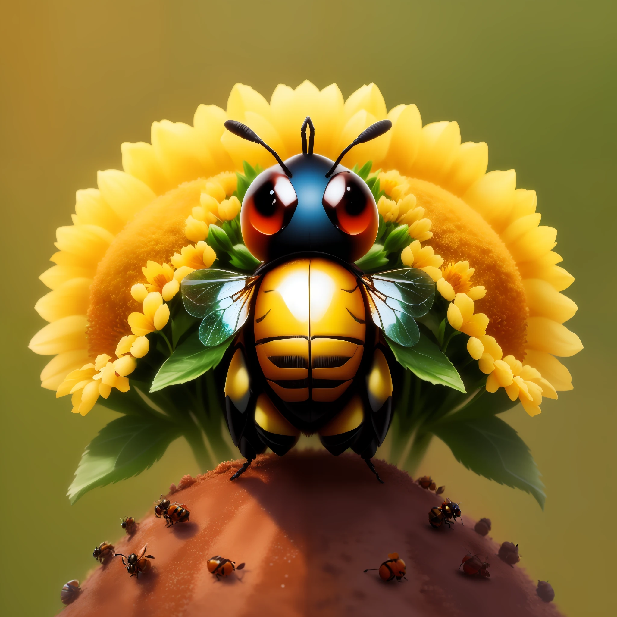 a cute puffy bee formed by various flowers, guarding an anthill with the acher ant and carrier ant around it, hd, real, upscale