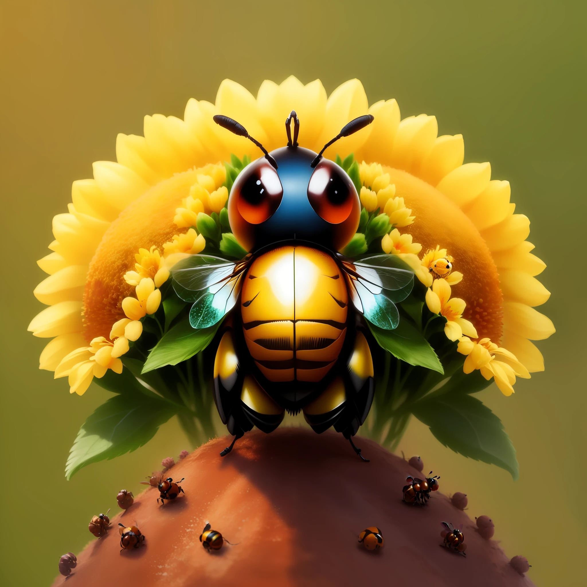 a cute puffy bee formed by various flowers, guarding an anthill with the acher ant and carrier ant around it, hd, real, upscale