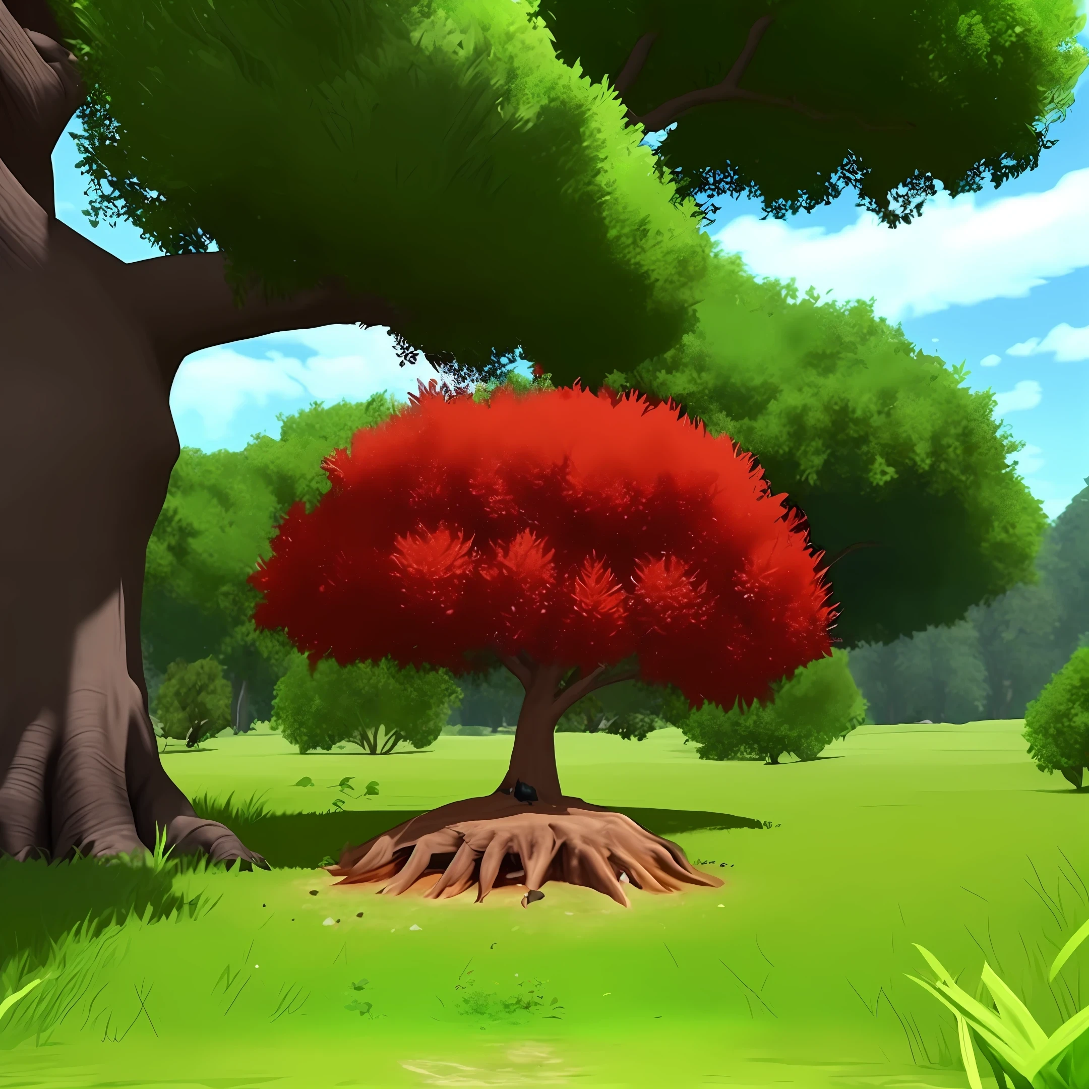 a red poke ball shape ant hill with a huge tree in the paradise hd , HDR 4k, 8k upscale