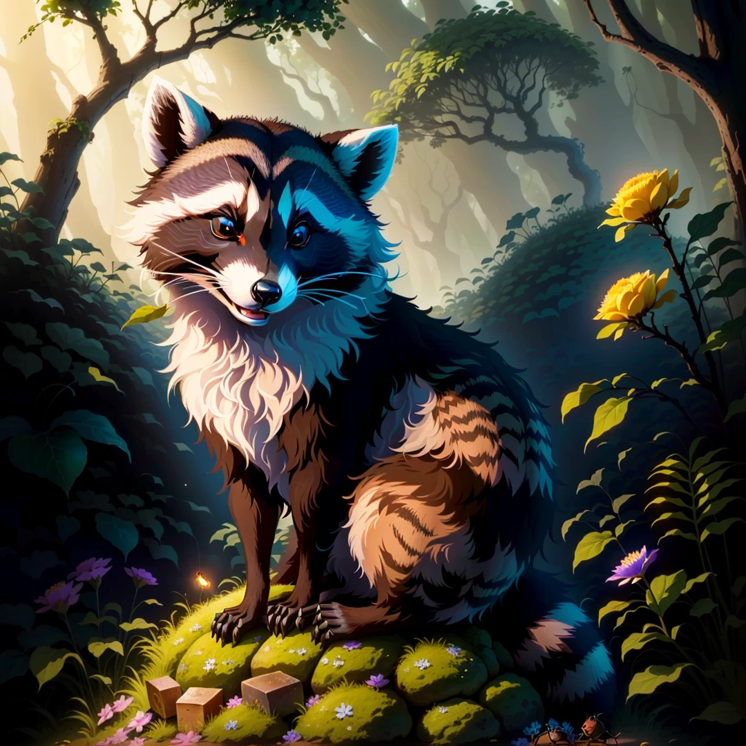 Raccoon sitting on a rock as an anthill, in the forest, tendrils, apples lying around, fireflies, idyllic, flowers, ants everywhere masterpiece, beautiful, 4k, realistic cartoon, mega realistic, scaled, centered