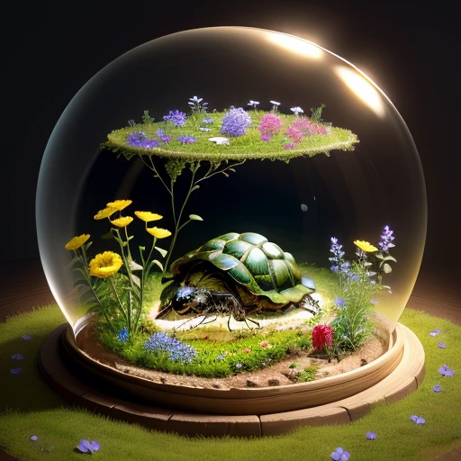 ant habitat is round, glass on back of tortoise, flowers.