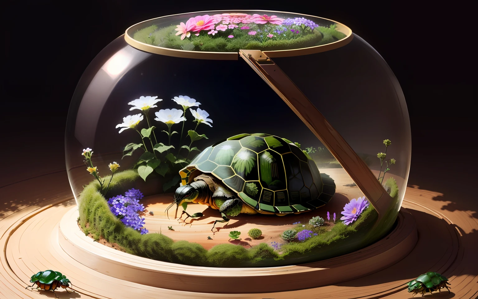 ant habitat is round, glass on back of tortoise, flowers.