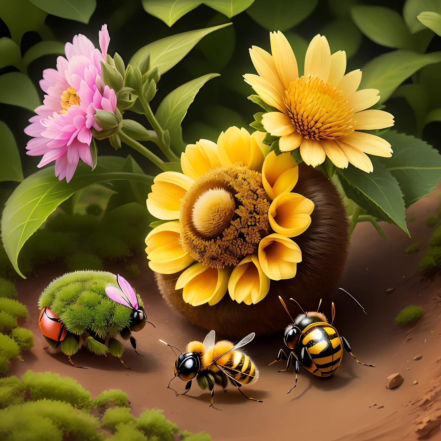 a cute puffy bee formed by various flowers, guarding an anthill with the acher ant and carrier ant around it, hd, real, upscale