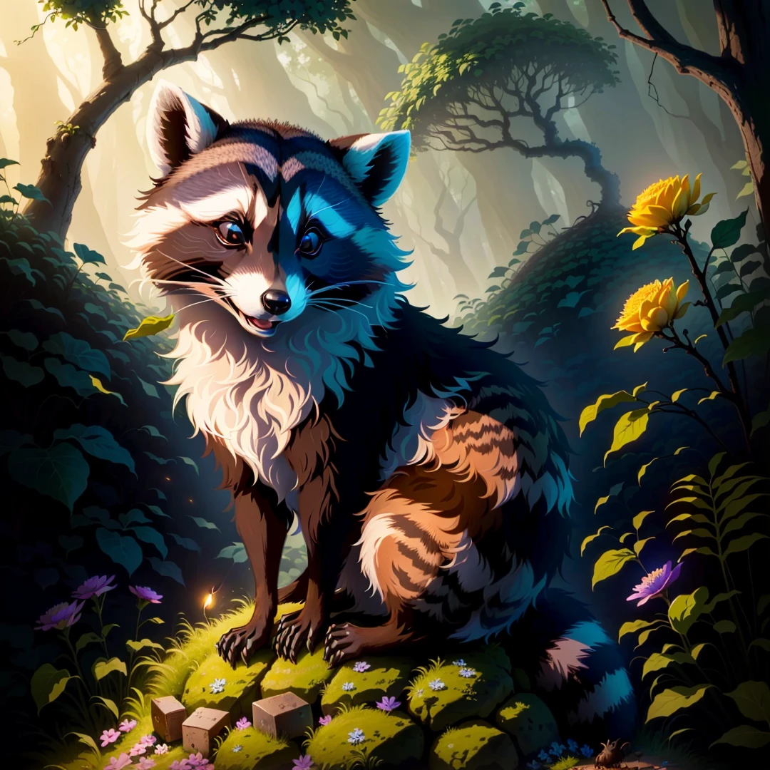 Raccoon sitting on a rock as an anthill, in the forest, tendrils, apples lying around, fireflies, idyllic, flowers, ants everywhere masterpiece, beautiful, 4k, realistic cartoon, mega realistic, scaled, centered