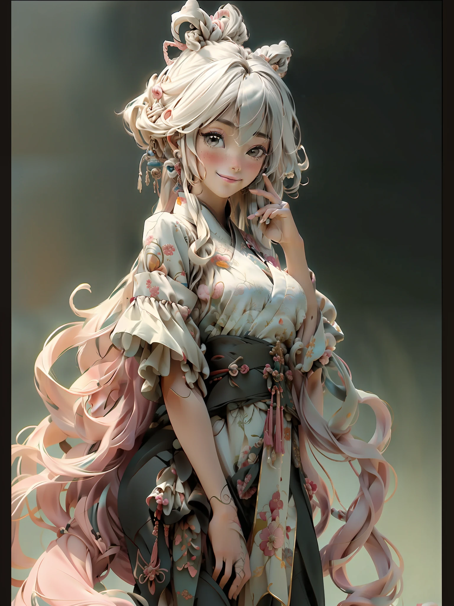 Official Art, Unified 8K Wallpapers, Ultra Detailed, Beautiful and Aesthetic, Masterpiece, Best Quality, (Zentangle, Tangle, Entangle), (fractal art: 1.4), 1girl, very detailed, dynamic angle, cowboyshot, (most beautiful form chaos), ethereal, (bright colors), oc, (full body: 0.8), china, (thangka flying sky: 1.5), (ribbon: 1.3), (dream: 1.5), (hanfu: 0.7), (smile: 0.5), (Chinese deity), upper body close-up