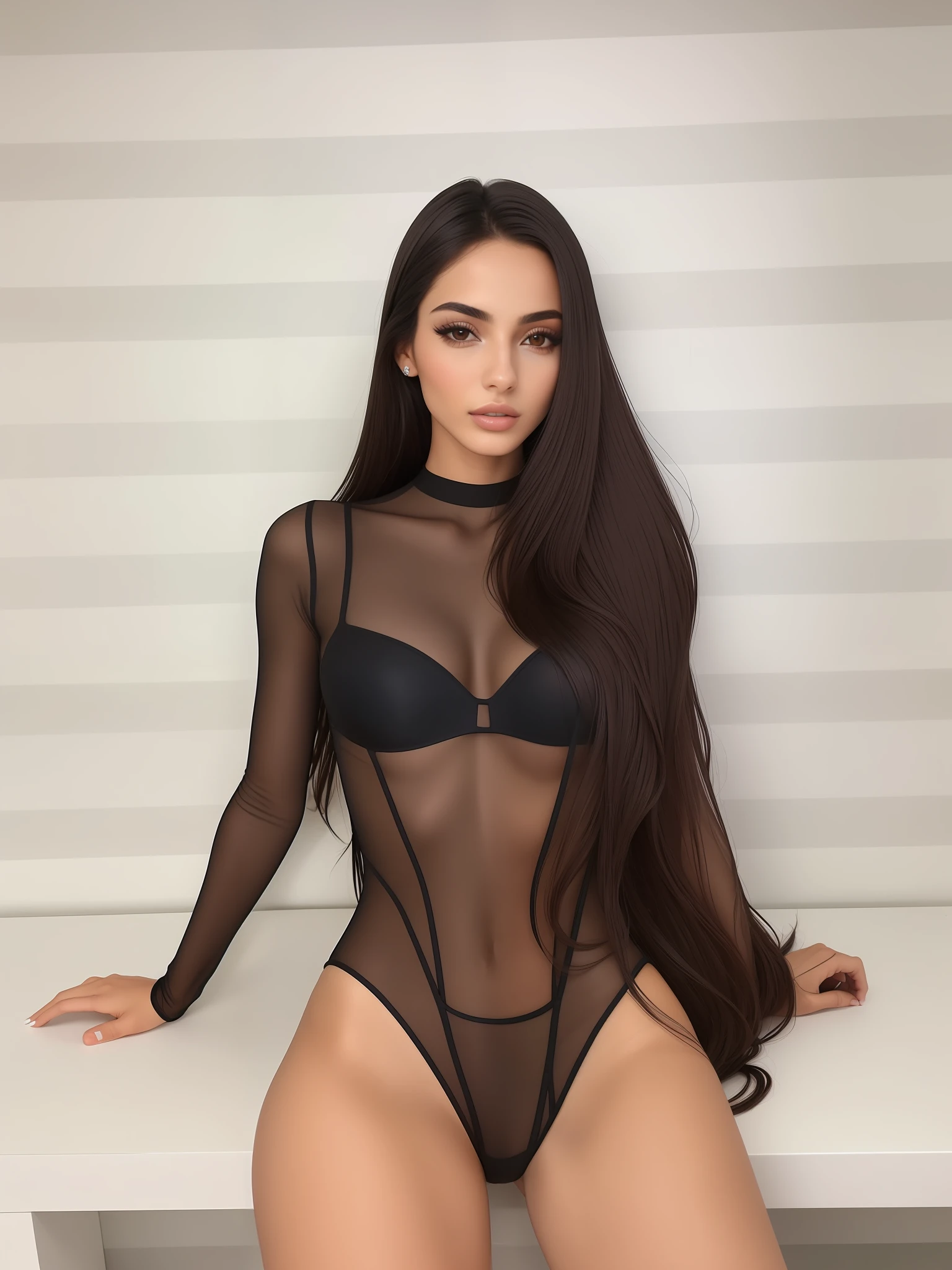 "(Masterpiece), ultra-detailed, best quality: a 24-year-old Brazilian model, petite, sexy and hot, wearing seethrough jumpsuit,".