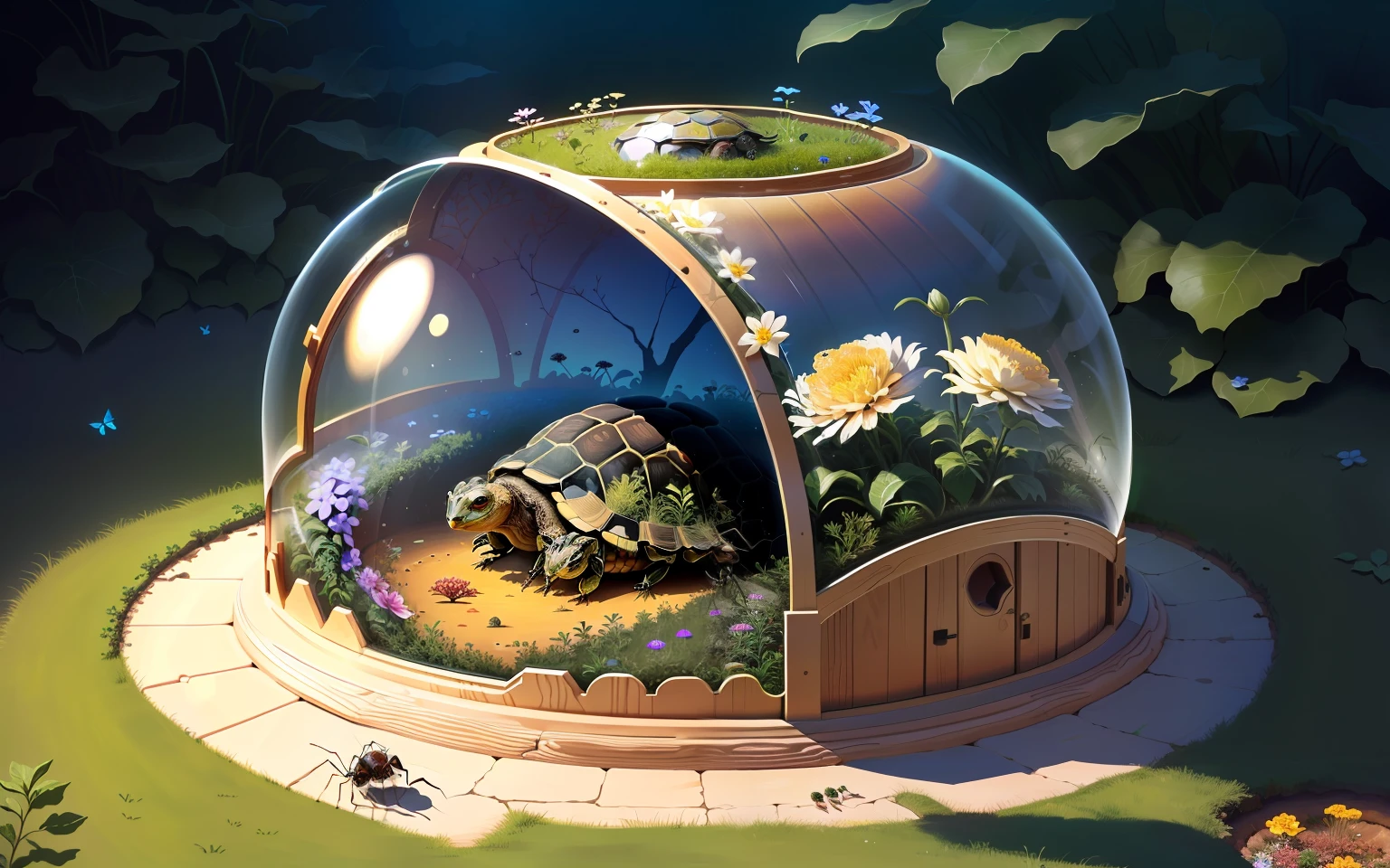 ant habitat is round, glass on back of tortoise, flowers.