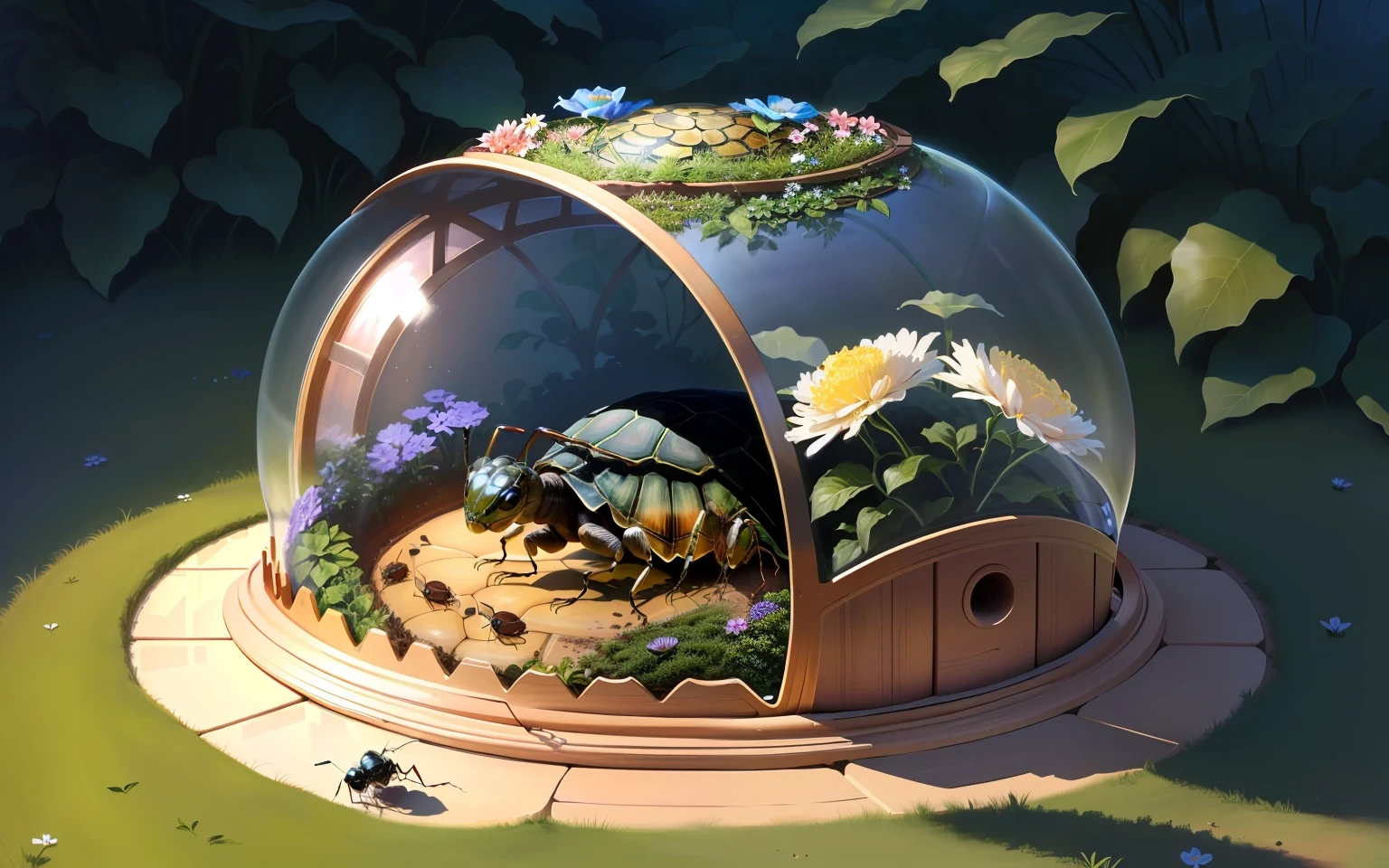 ant habitat is round, glass on back of tortoise, flowers.