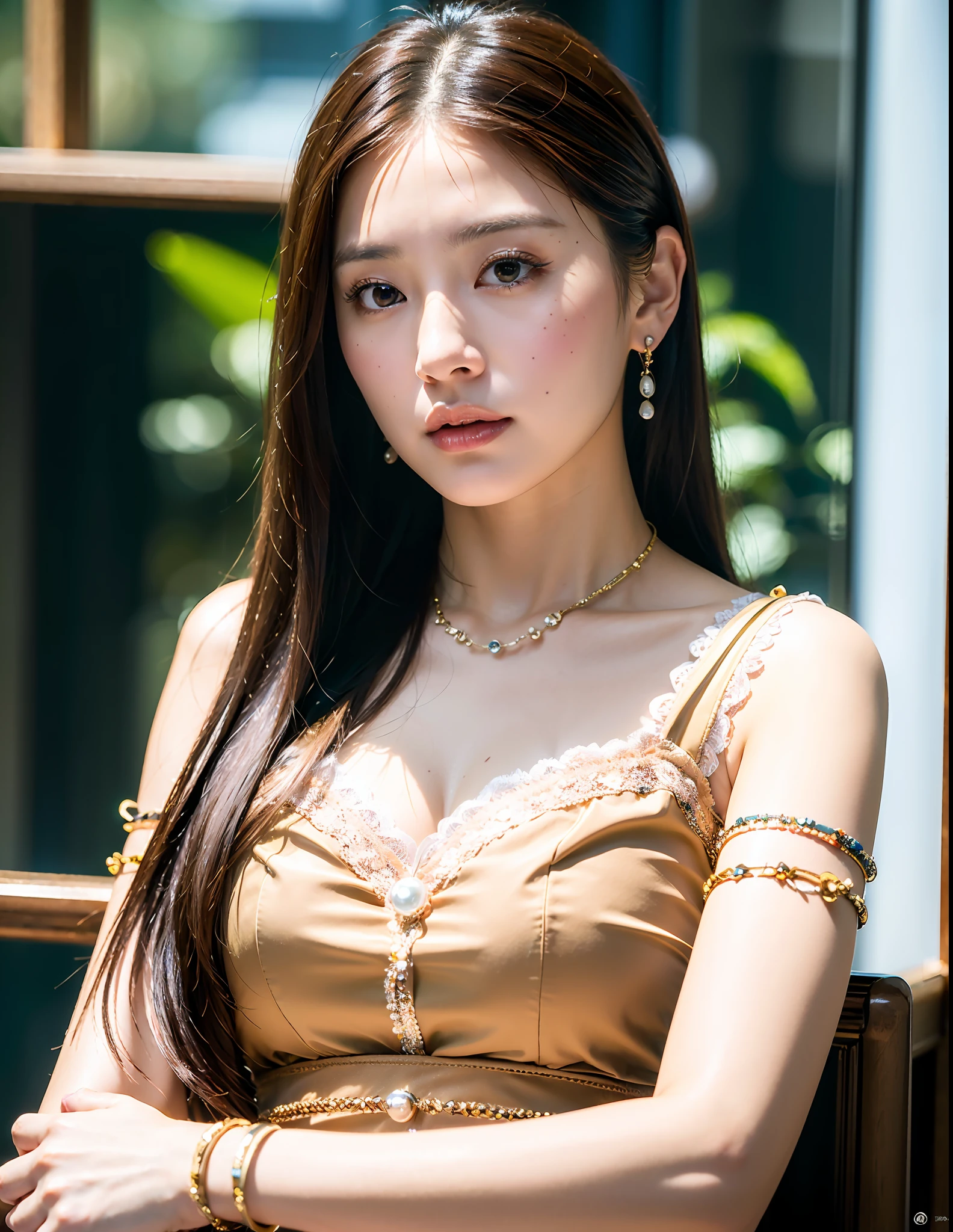 (Master Works, 8K Resolution, Perfect Depth of Field Panorama) + (Noble Woman, Goddess Queen, Arrogant and Confident) + (Perfect facial features, delicate face, single) + (Natural light, feather hair ornaments, bracelets, sapphire brooches, pearl bracelets, earrings, lace trim, open shoulders) + (Workplace uniform)