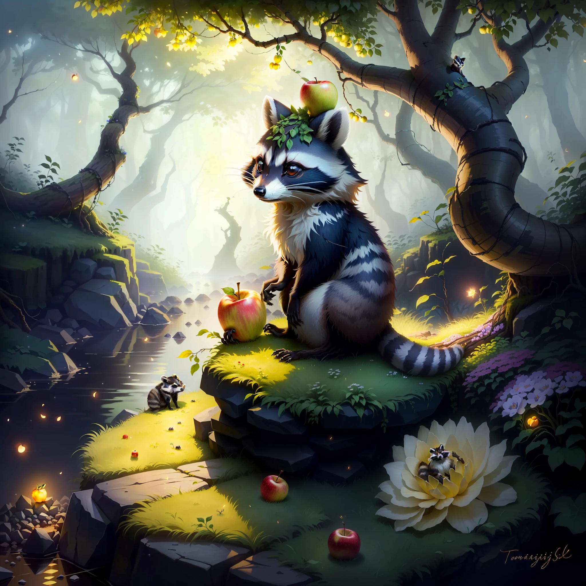 Raccoon sitting on a rock as an anthill, in the forest, tendrils, apples lying around, fireflies, idyllic, flowers,mystical, ants everywhere masterpiece, beautiful, 4k, realistic cartoon, mega realistic, scaled, centered-process - (53%)