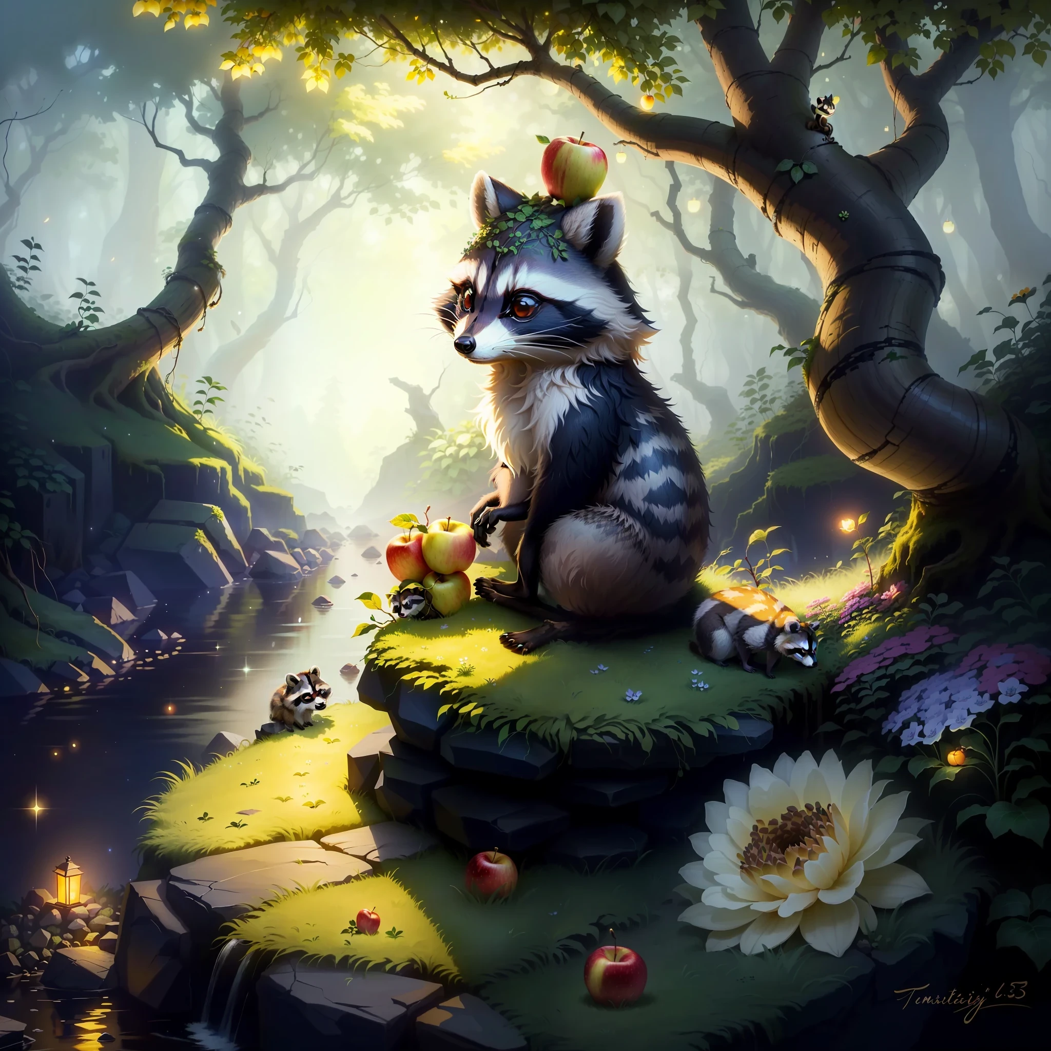 Raccoon sitting on a rock as an anthill, in the forest, tendrils, apples lying around, fireflies, idyllic, flowers,mystical, ants everywhere masterpiece, beautiful, 4k, realistic cartoon, mega realistic, scaled, centered-process - (53%)