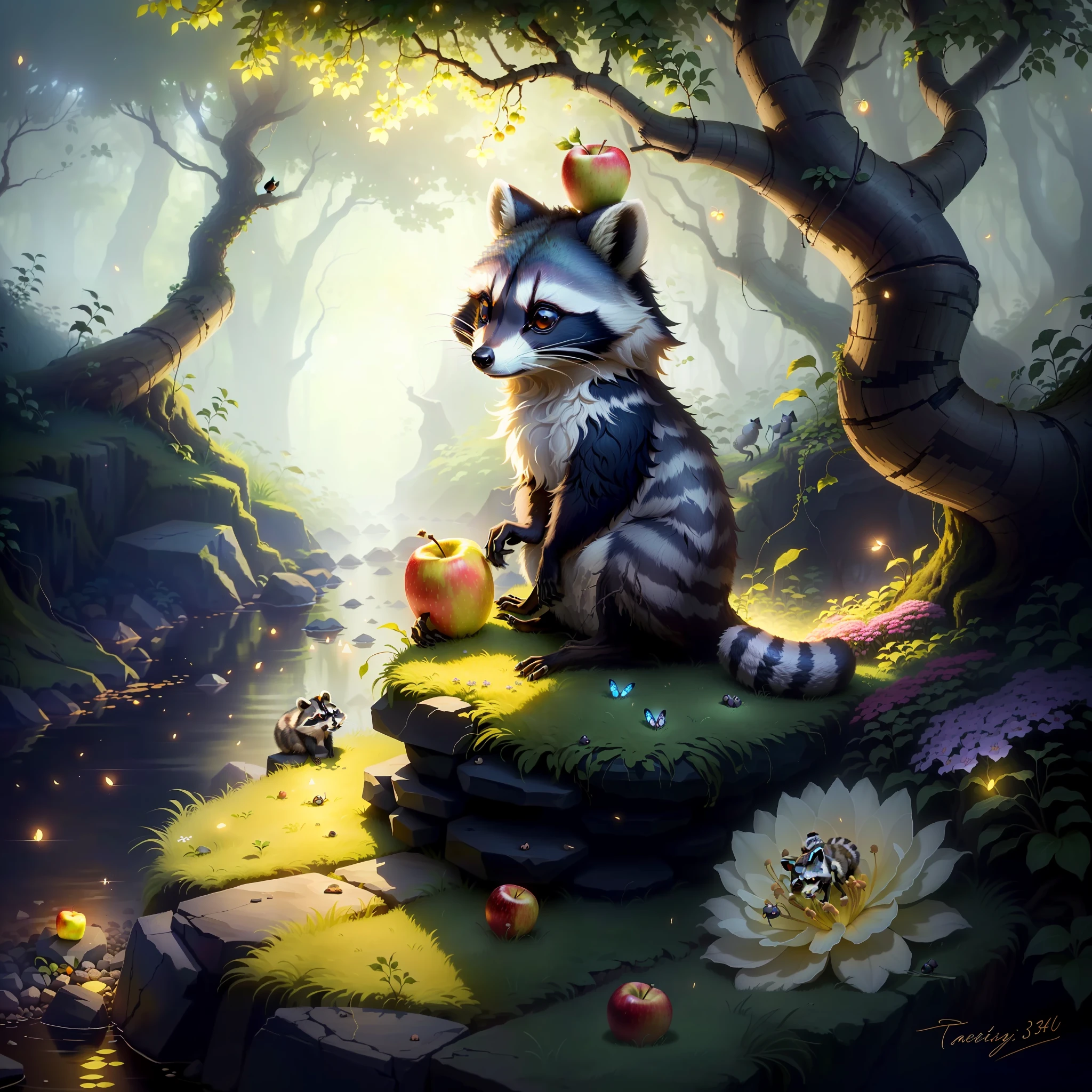 Raccoon sitting on a rock as an anthill, in the forest, tendrils, apples lying around, fireflies, idyllic, flowers,mystical, ants everywhere masterpiece, beautiful, 4k, realistic cartoon, mega realistic, scaled, centered-process - (53%)