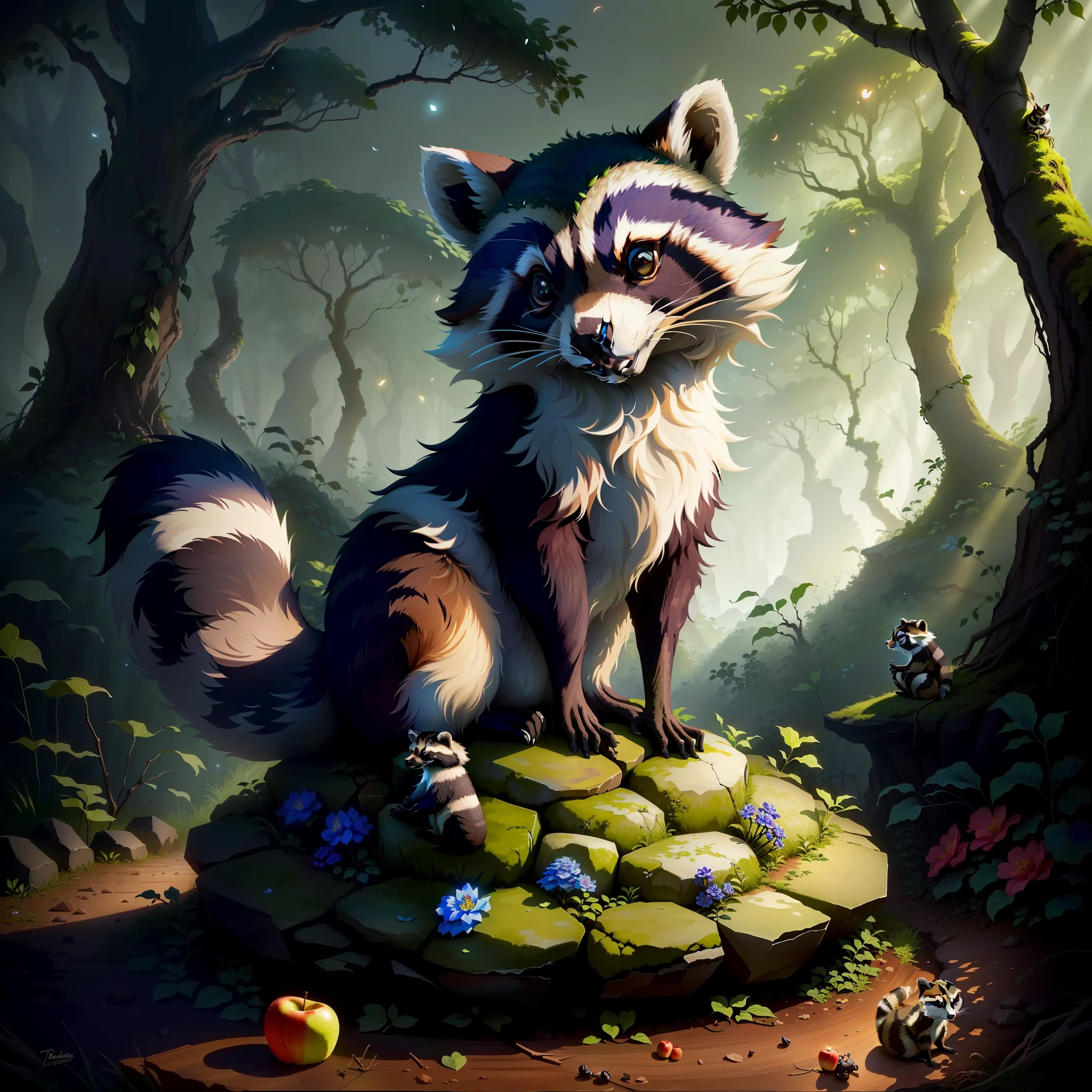 Raccoon sitting on a rock as an anthill, in the forest, tendrils, apples lying around, fireflies, idyllic, flowers, ants everywhere masterpiece, beautiful, 4k, realistic cartoon, mega realistic, scaled, centered