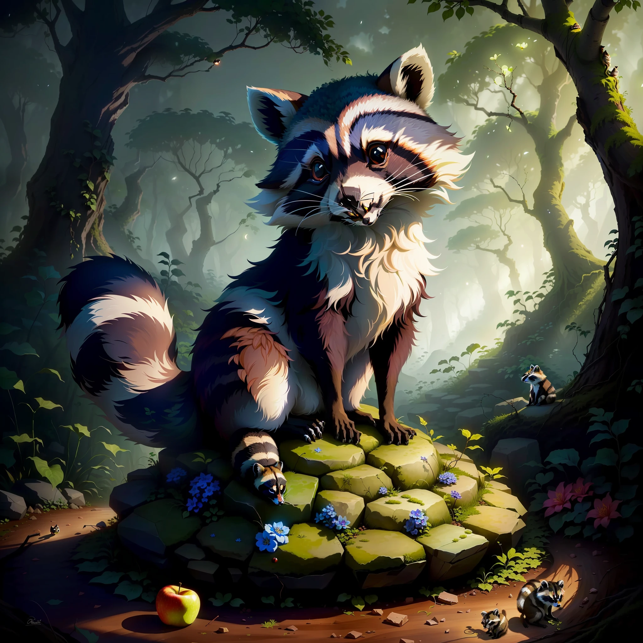 Raccoon sitting on a rock as an anthill, in the forest, tendrils, apples lying around, fireflies, idyllic, flowers, ants everywhere masterpiece, beautiful, 4k, realistic cartoon, mega realistic, scaled, centered