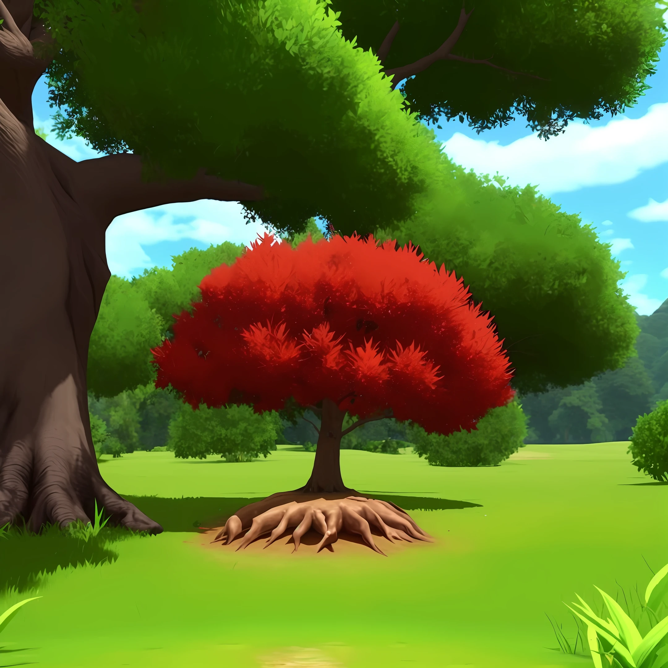 a red poke ball shape ant hill with a huge tree in the paradise hd , HDR 4k, 8k upscale