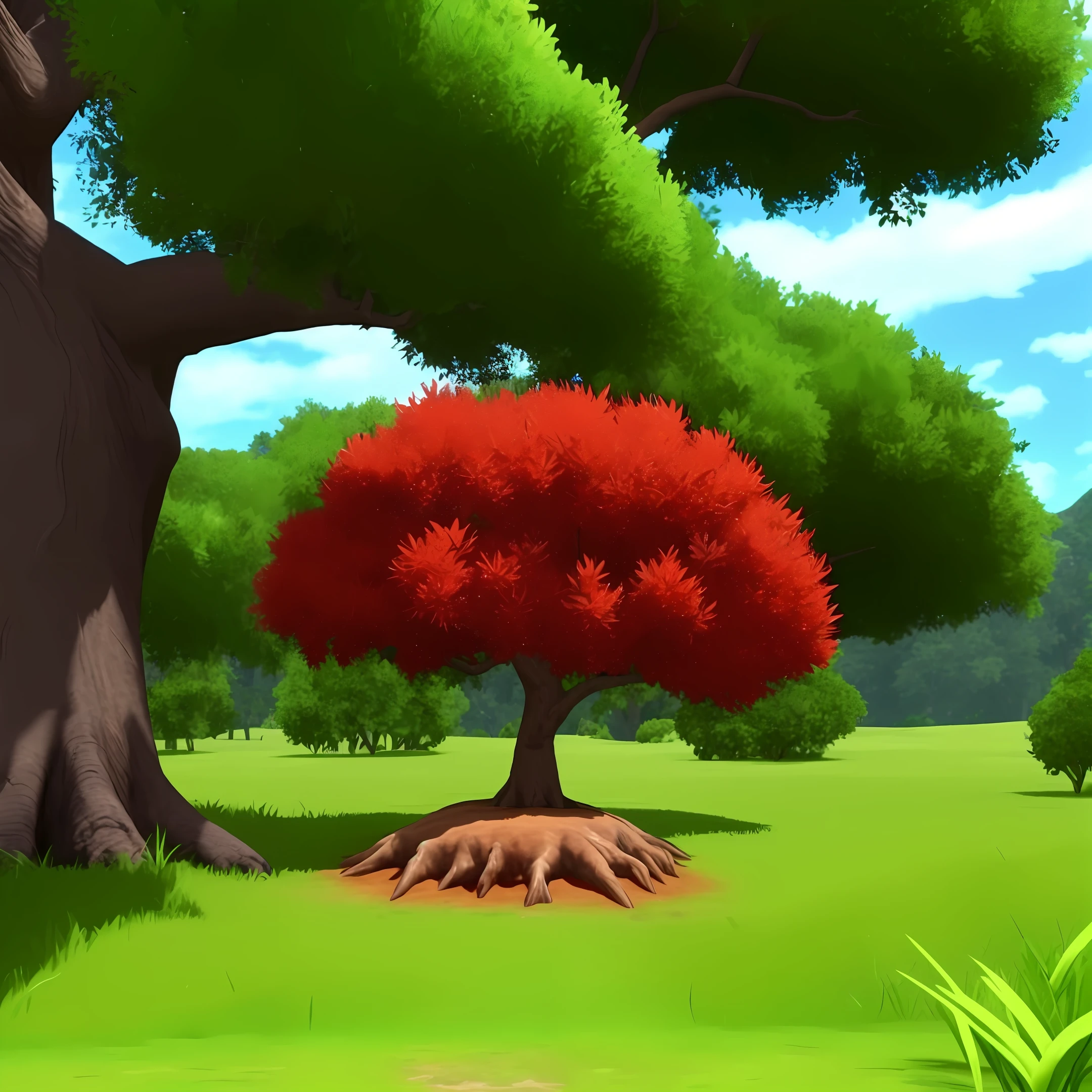 a red poke ball shape ant hill with a huge tree in the paradise hd , HDR 4k, 8k upscale