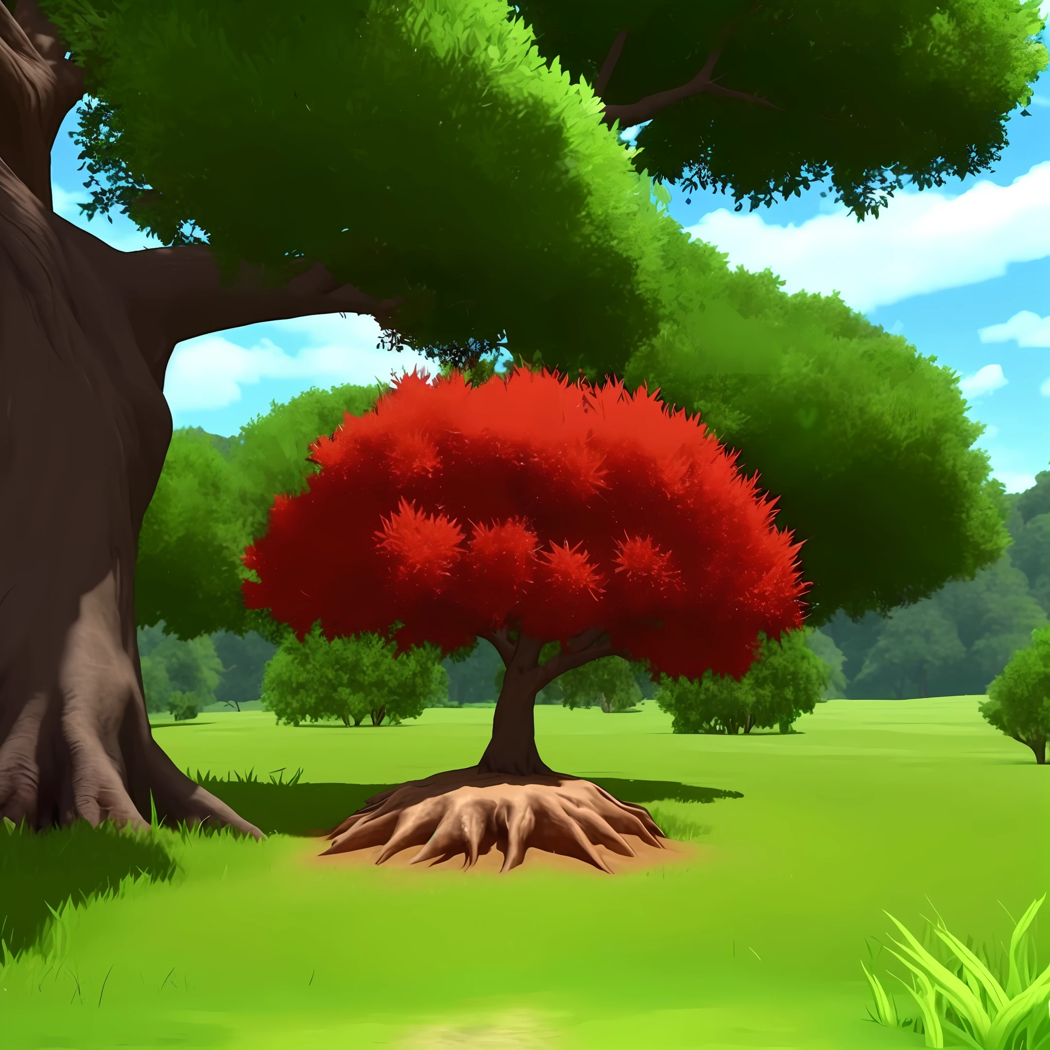 a red poke ball shape ant hill with a huge tree in the paradise hd , HDR 4k, 8k upscale