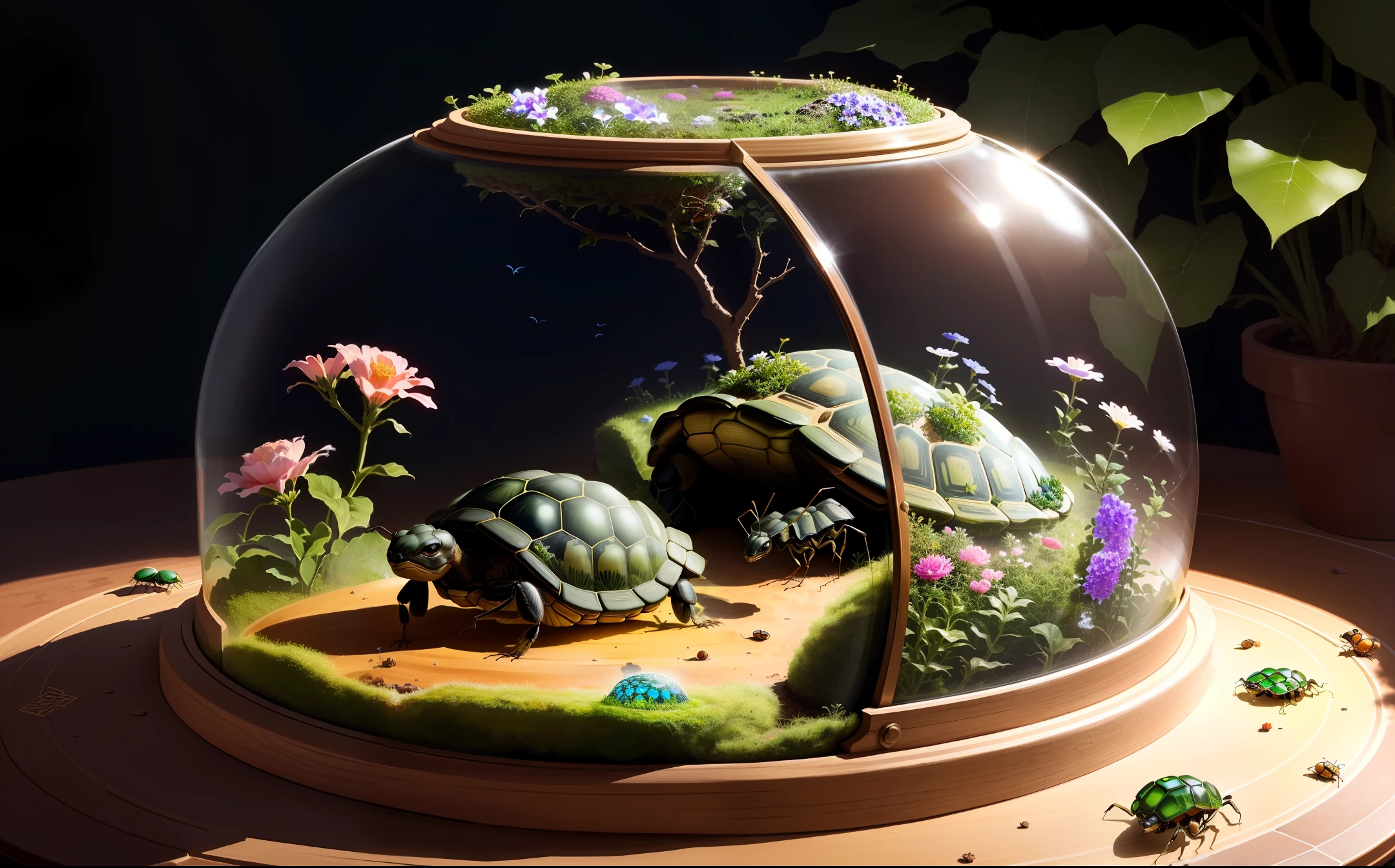ant habitat is round, glass on back of tortoise, flowers.