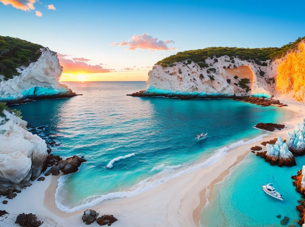 (marvelous 8k beachscape), (best quality, ultra-detailed), (turquoise and white), a beautiful (grotto) in the sand, surrounded by rocks and (crystal clear waters), (sunset) in the background, a (boat) or a (kayak) in the distance.