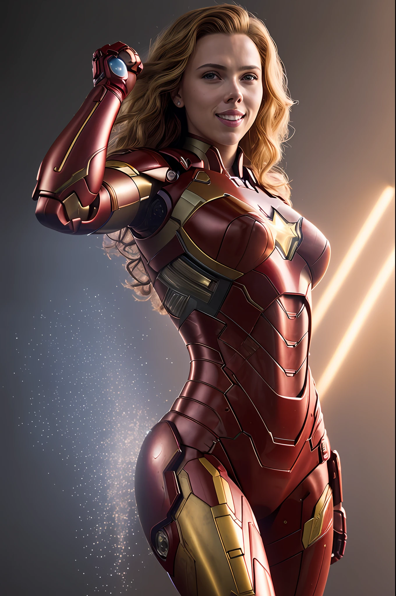 sexy Scarlett Johansson woman in Iron Man suit, Night, soft lighting, dynamic angle, realistic lighting, smiling, happy, Wonder Woman movie scene background, photo by Brooke DiDonato, (natural skin texture, hyperrealism, soft light, sharp :1.2), (intricate details:1.12), hdr masterpiece, best quality, (highly detailed photo:1.1), 8k, photorealistic, (SFW),