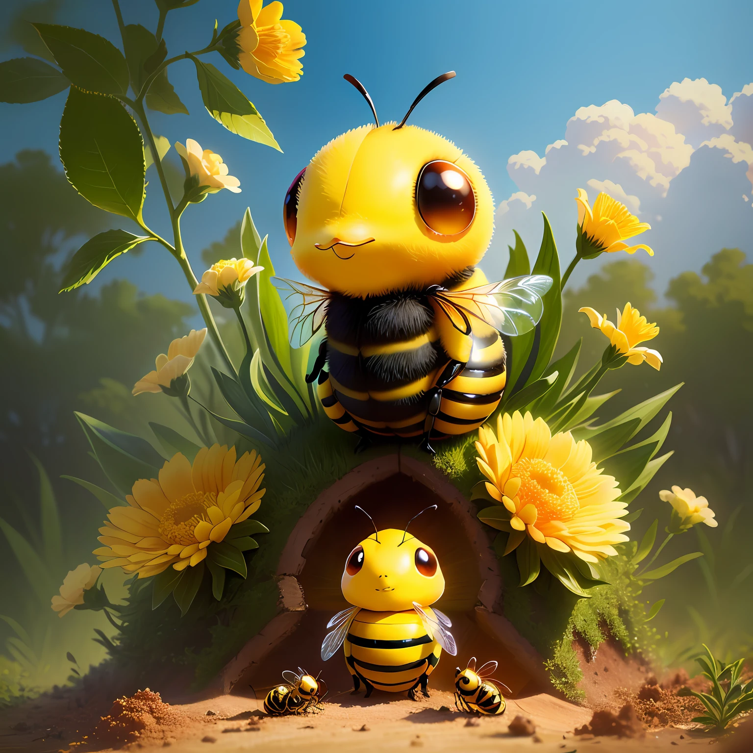 a cute puffy bee formed by various flowers, guarding an anthill with the acher ant and carrier ant around it, hd, real, upscale