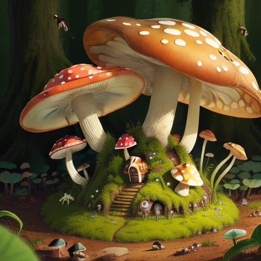 Ant habitat surrounded by detailed mushrooms, a cute frog, forest setting, high definition