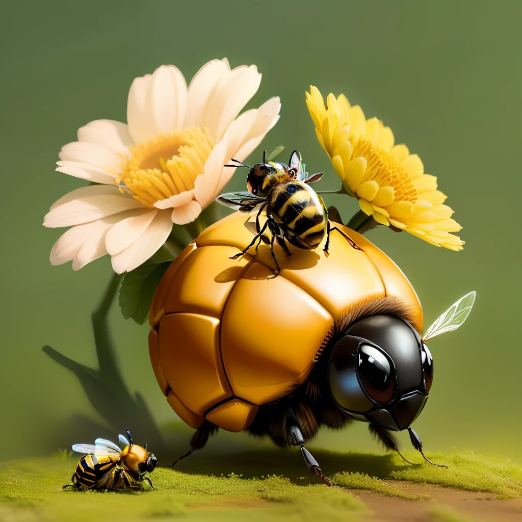 a cute puffy bee formed by various flowers, guarding an anthill with the acher ant and carrier ant around it, hd, real, upscale