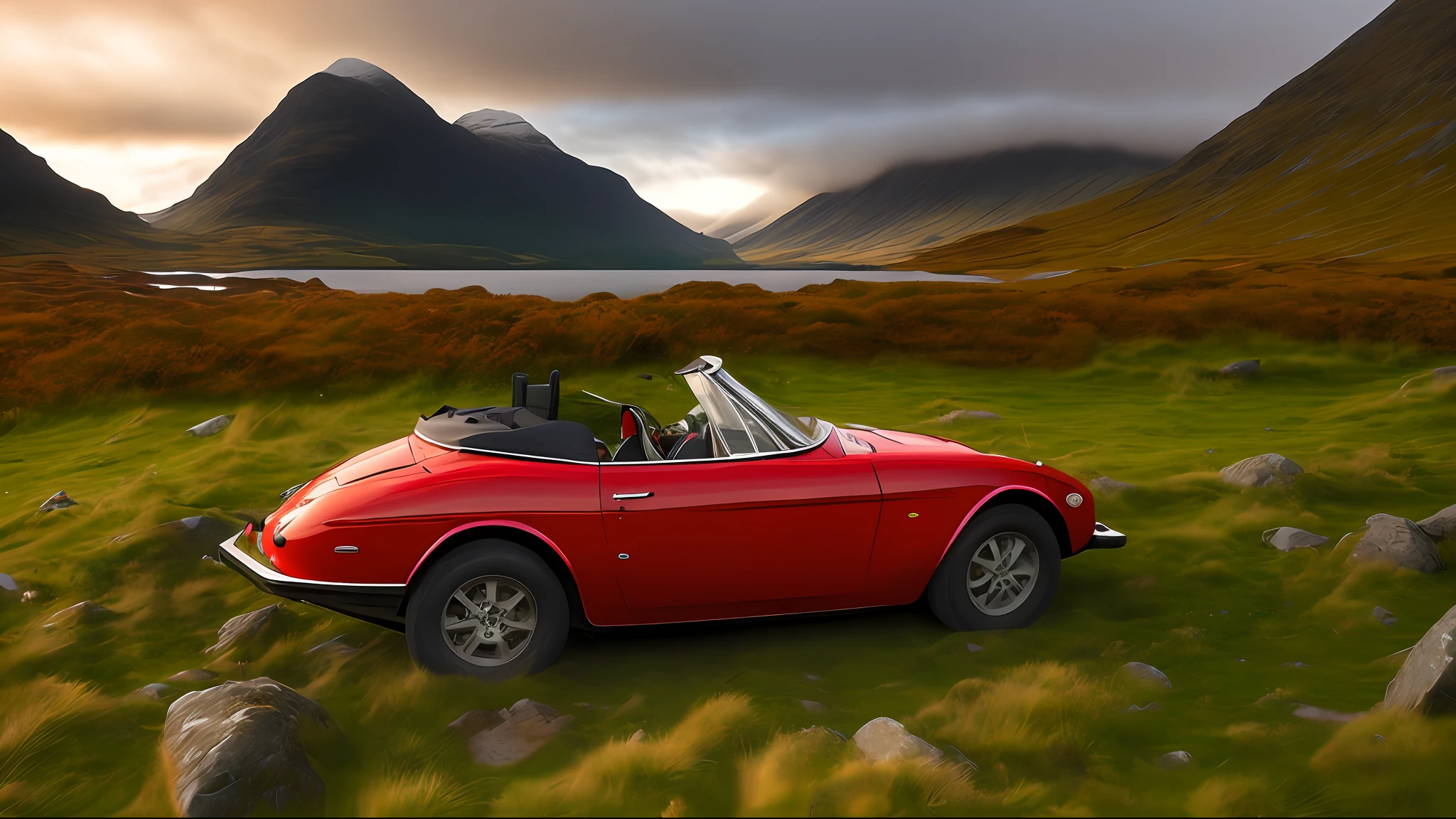 side view photo of a Soul Red MazdaMiata in a Glencoe, Scotland, at sunrise, convertible top down, high quality photo, bokeh, 8k resolution, warm ambient light, volumetric light, depth of field, analog, foggy atmosphere,