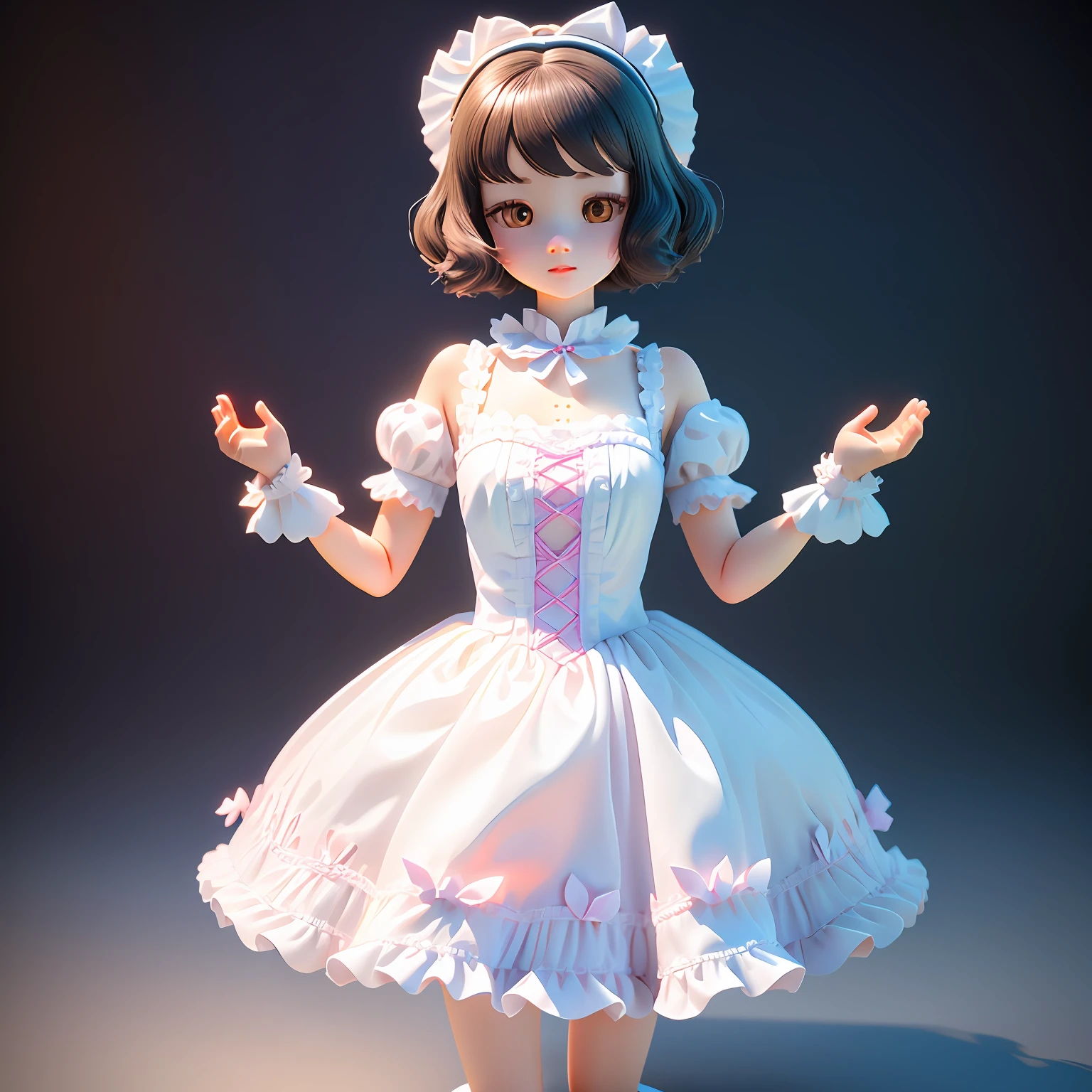 Blind Box Style Girl character, 3D toy full body, cute,delicate and beautiful features, Lolita Dress, flowing, complex design, white background, Natural lighting, 8K, best quality, ultra - detail, C4D, Blender, OC renderer, ultra HD, 3D rendering