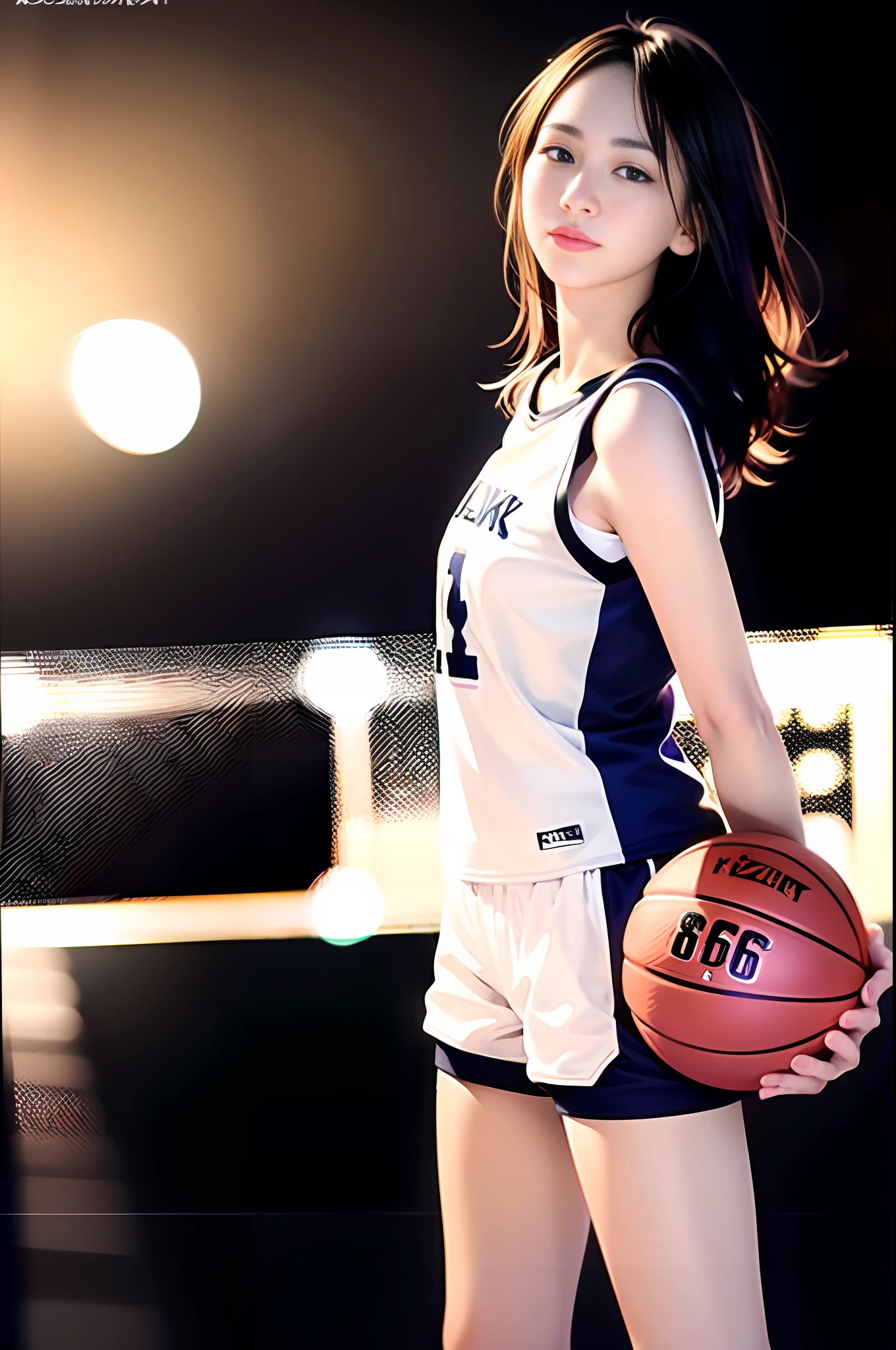 (8k, best quality, masterpiece:1.2), (realistic, photo-realistic:1.37), ultra-detailed,best quality, ultra high res, professional lighting, photon mapping, radiosity, physically-based rendering, cinematic lighting, basketball court,depth of field, sharp focus,sunbeam, good composition,(bokeh:1.2) 1girl,solo,(full body), (closed mouth),beautiful detailed eyes, pose, narrow waist,basketball uniform, black hair,messy hair,long hair floating in wind,(ulzzang-6500:1.2)
 mix4, hiqcgbody